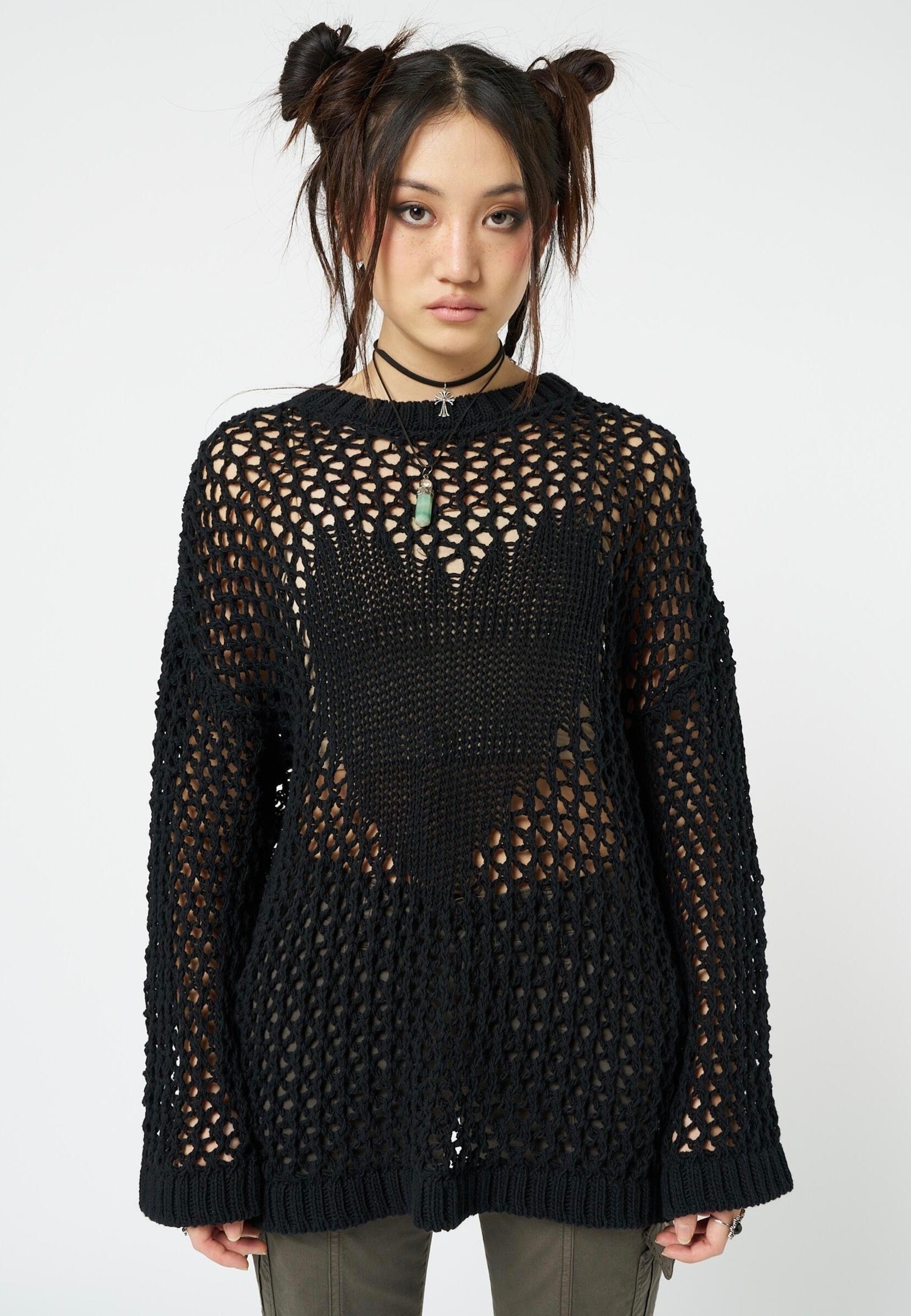 Minga London - Heart Stopper Open Knit Black - Pullover | Women-Image