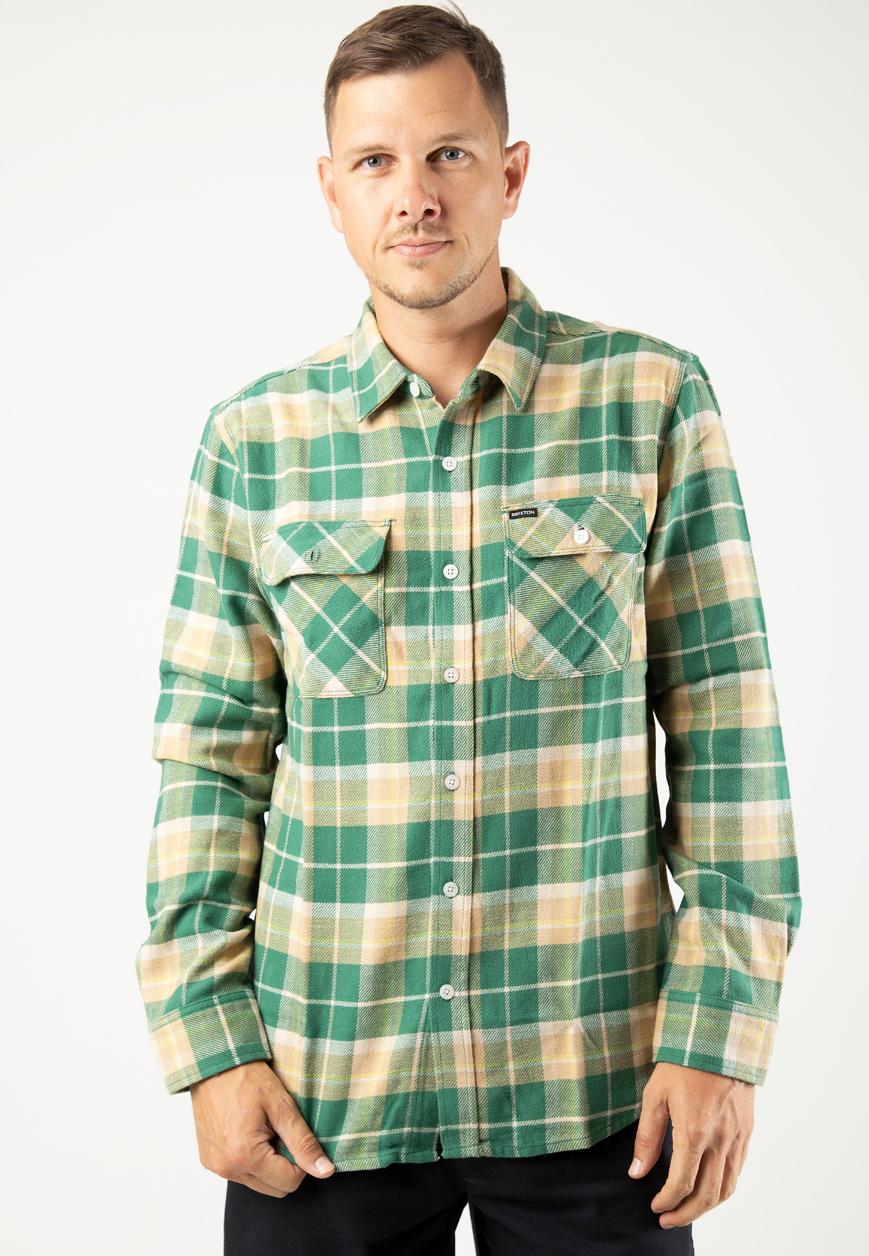 Brixton - Bowery Washed Pine Needle/Washed Gold - Flannel Shirt | Men-Image