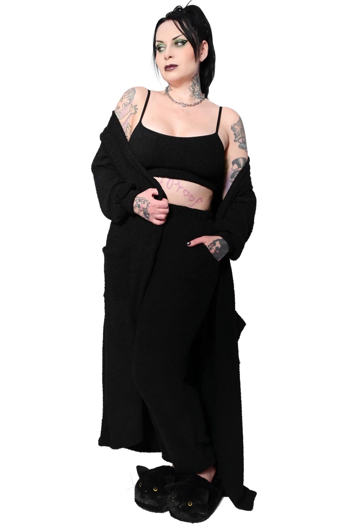 Foxblood - Fuzzy Teddy Lounge Duster Black - Cardigan | Women-Image