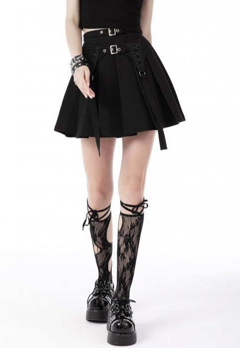 Dark In Love - Black Punk Rock Double Buckle Pleated Black - Skirt | Women-Image