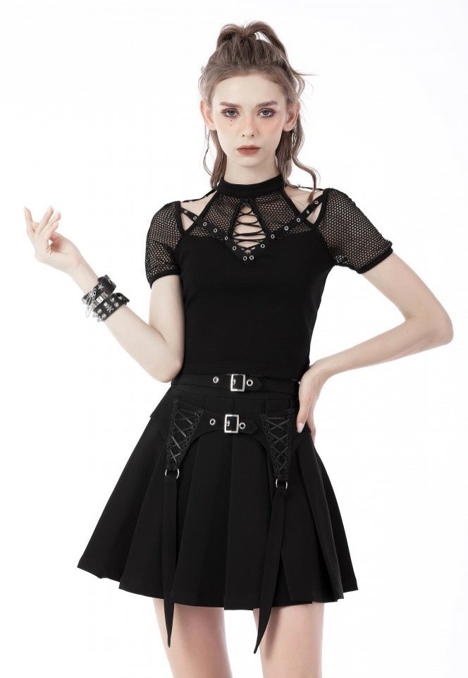 Dark In Love - Black Punk Rock Double Buckle Pleated Black - Skirt | Women-Image