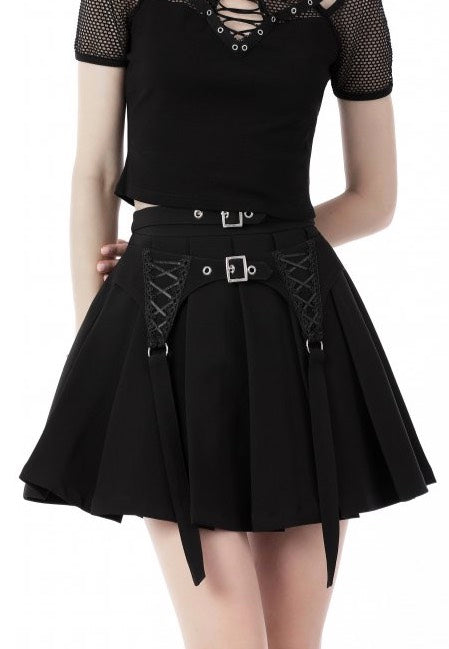 Dark In Love - Black Punk Rock Double Buckle Pleated Black - Skirt | Women-Image