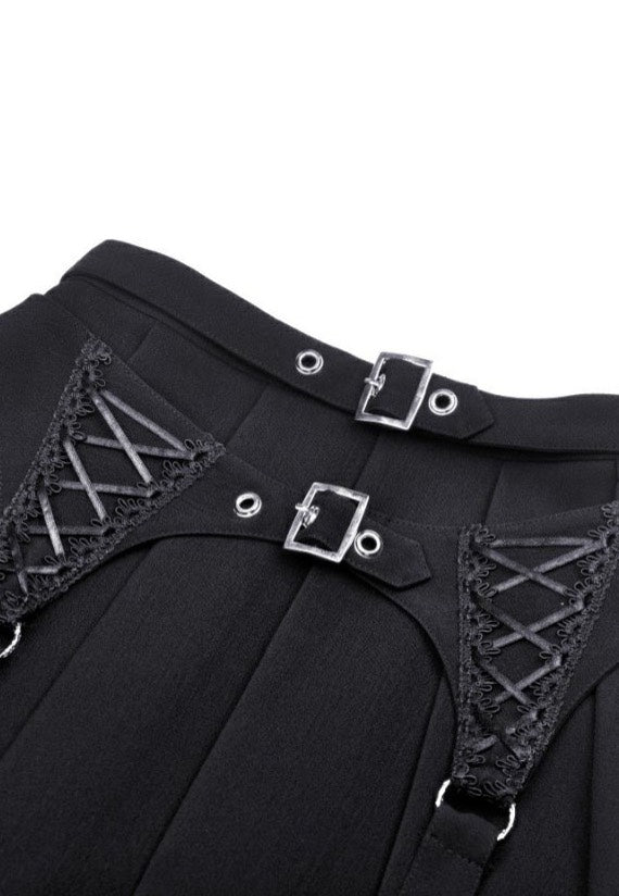 Dark In Love - Black Punk Rock Double Buckle Pleated Black - Skirt | Women-Image