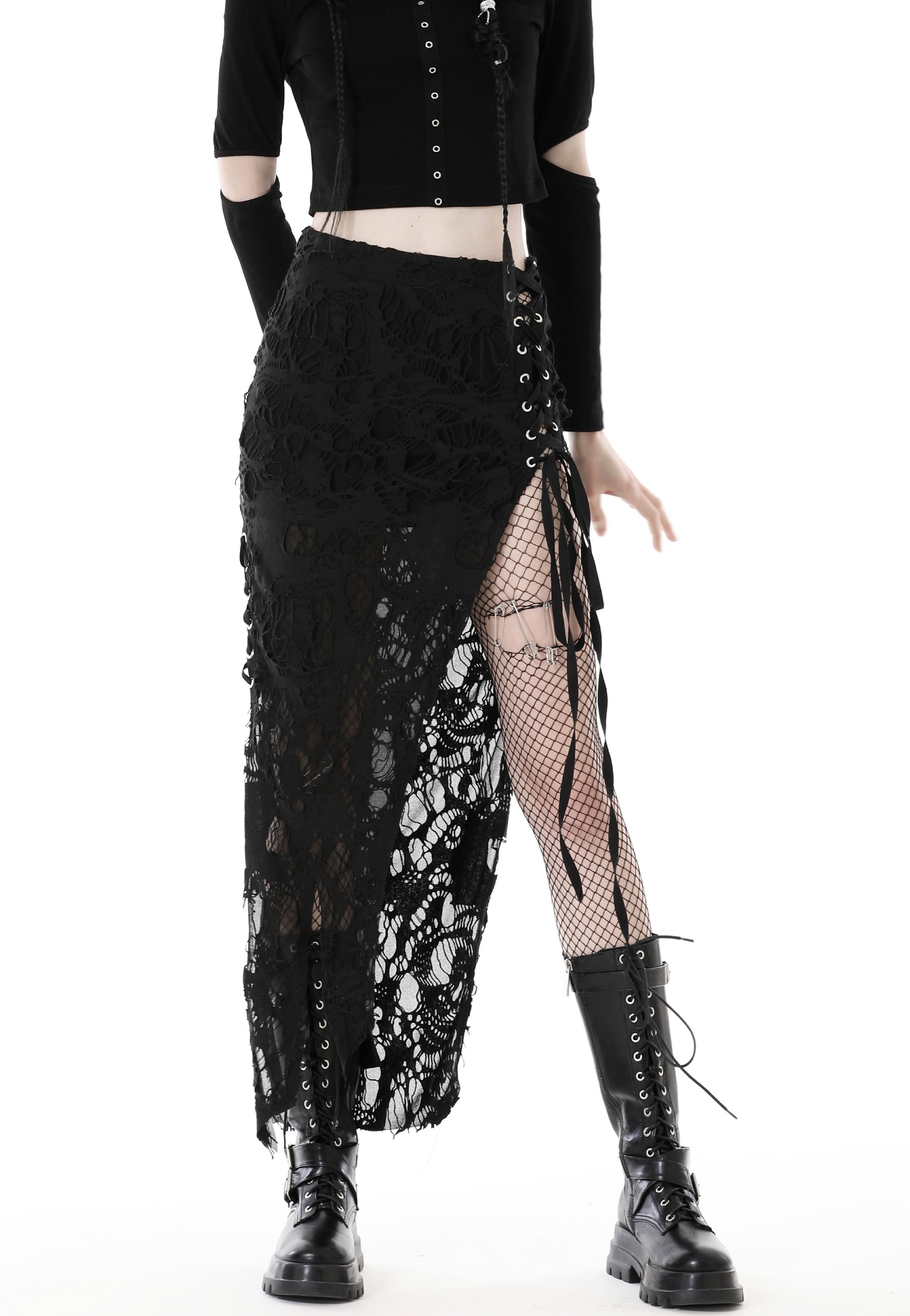 Dark In Love - Punk Sexy Bare Legs Long Shredded Black - Skirt | Women-Image