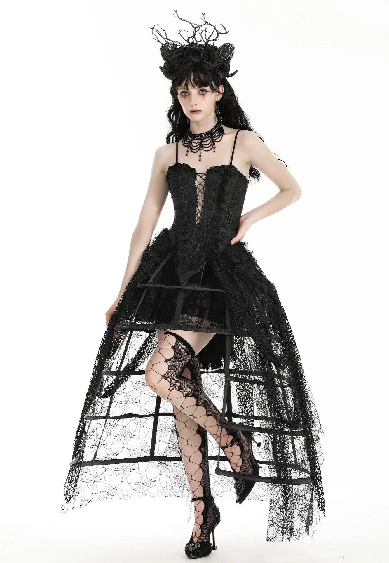 Dark in Love - Rococo Style Spiderweb Tattered Birdcage Petticoat Long - Skirt | Women-Image