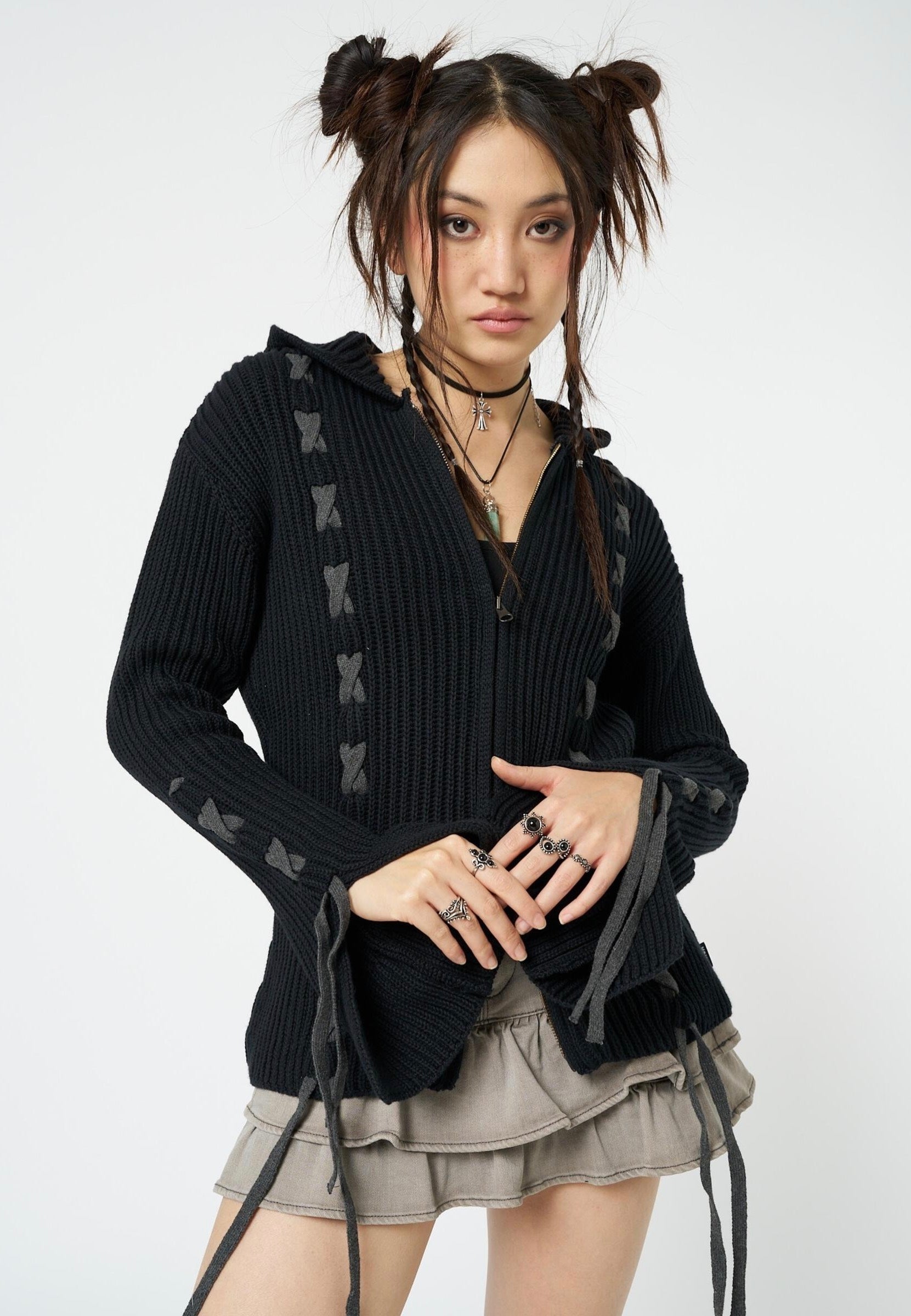 Minga London - Nixie Black Lace Up Black - Cardigan | Women-Image