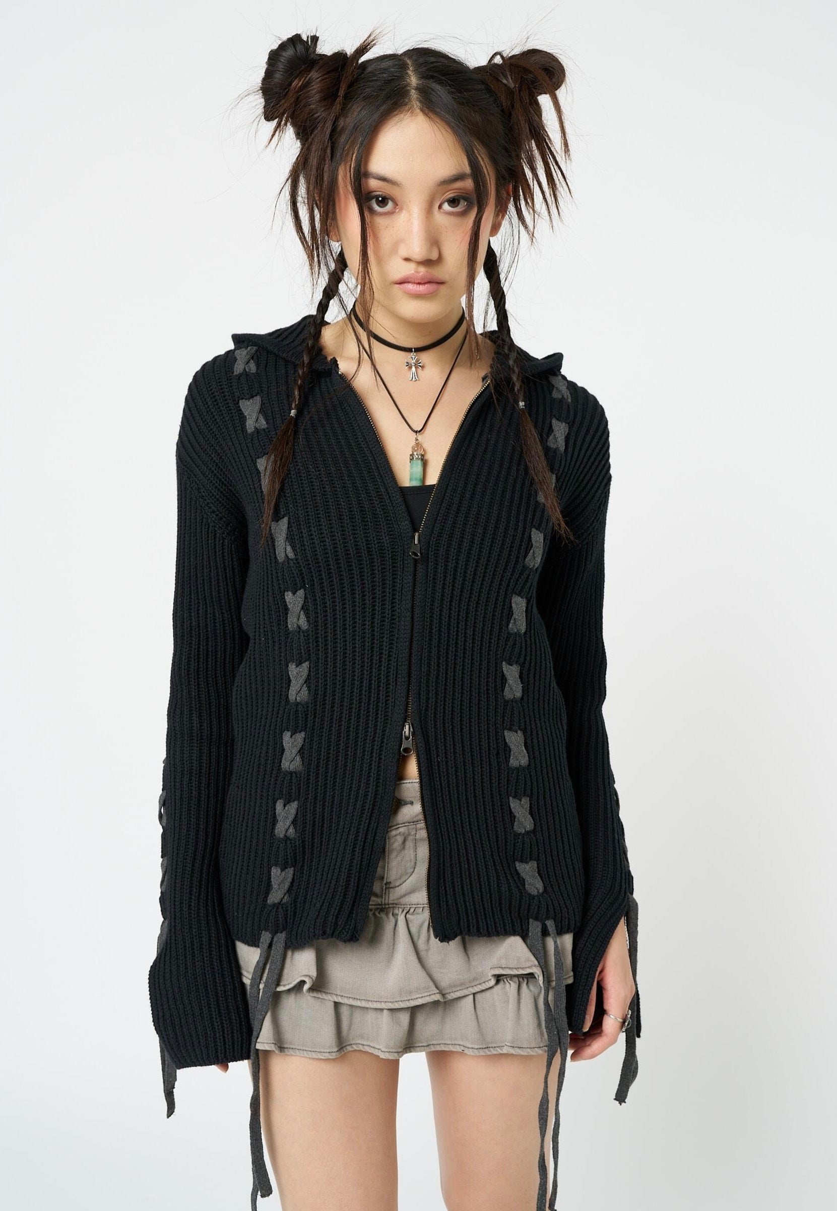 Minga London - Nixie Black Lace Up Black - Cardigan | Women-Image