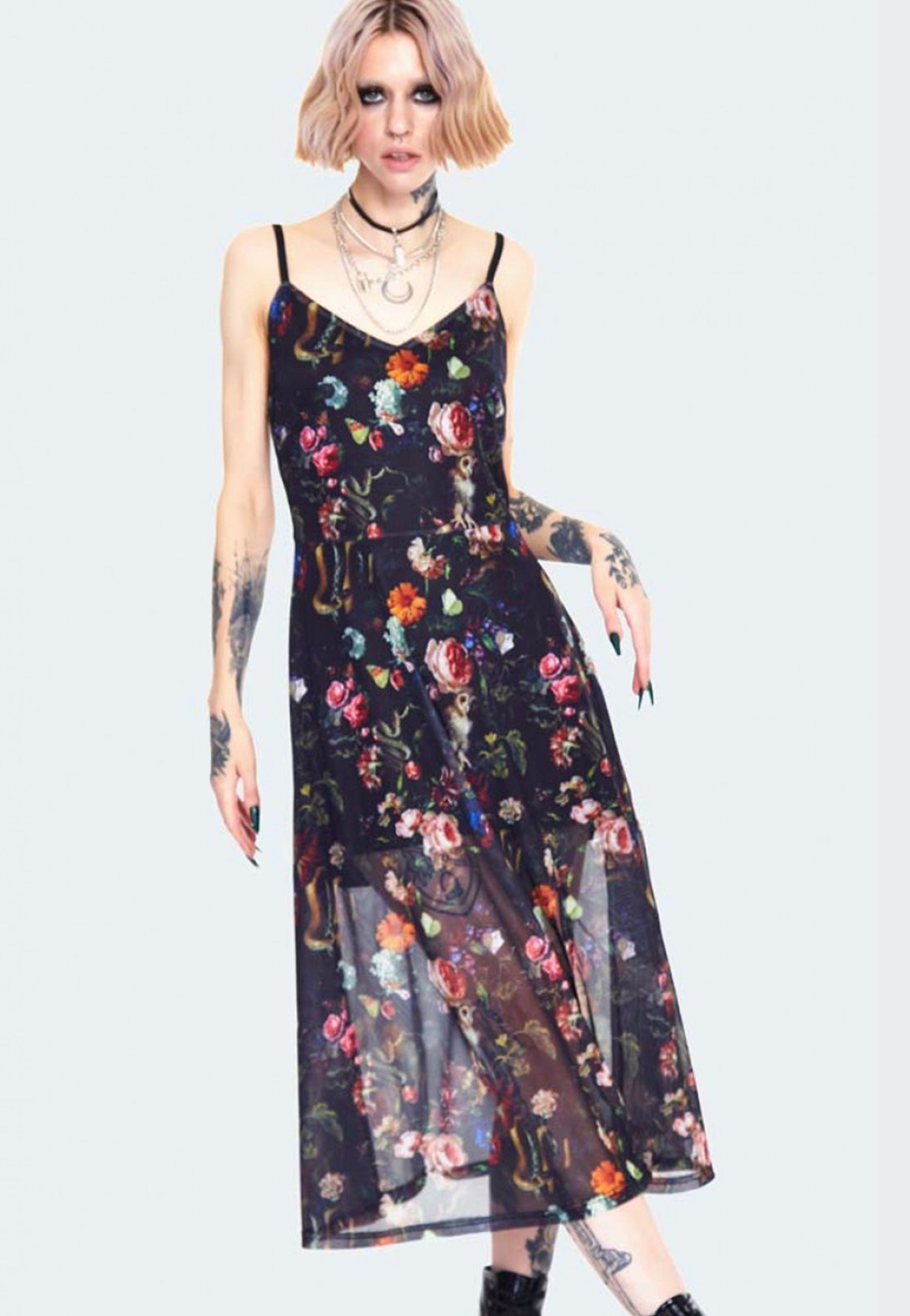 Jawbreaker - Night Garden Print Midi With Front Open Black - Dress | Women-Image