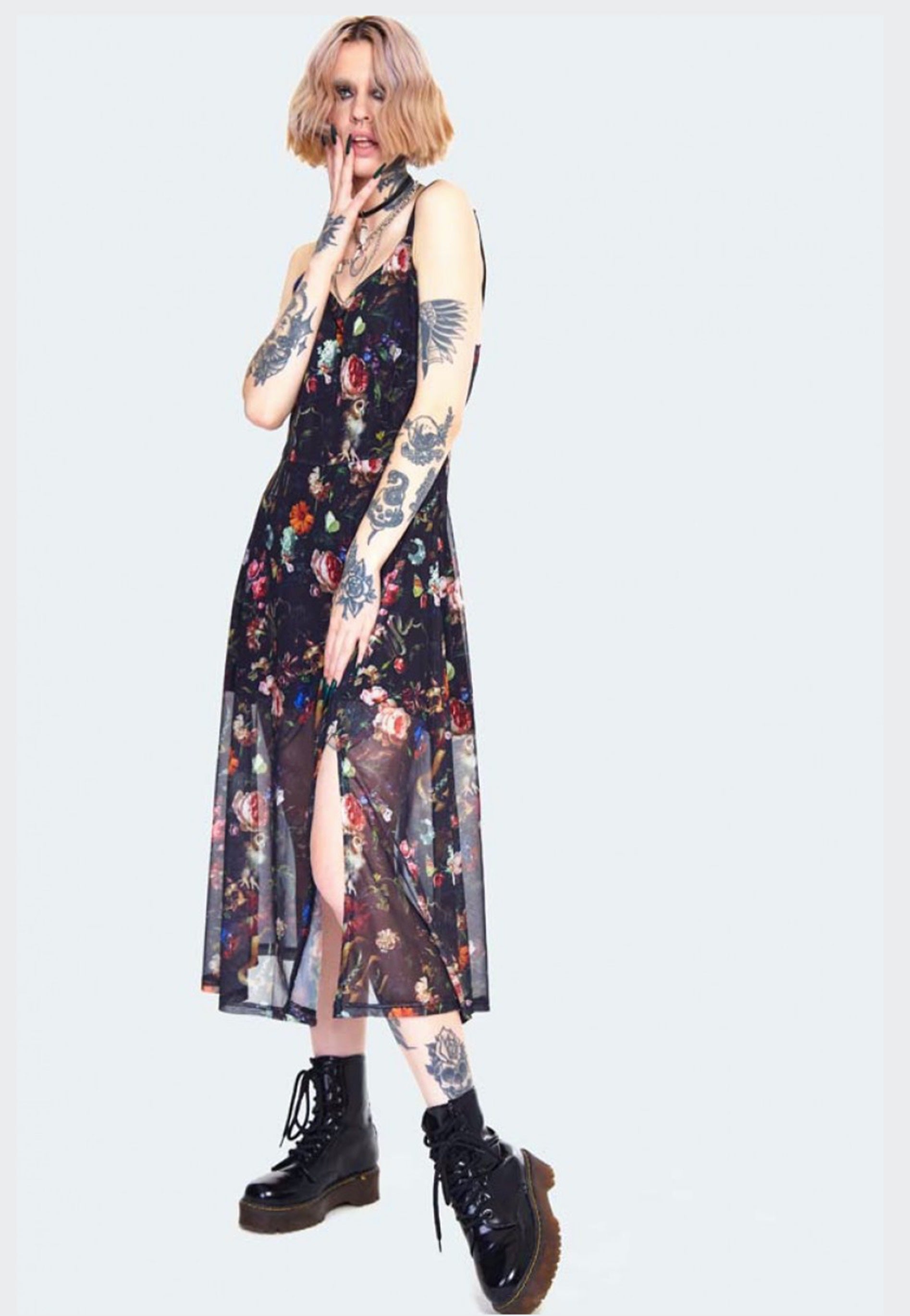 Jawbreaker - Night Garden Print Midi With Front Open Black - Dress | Women-Image