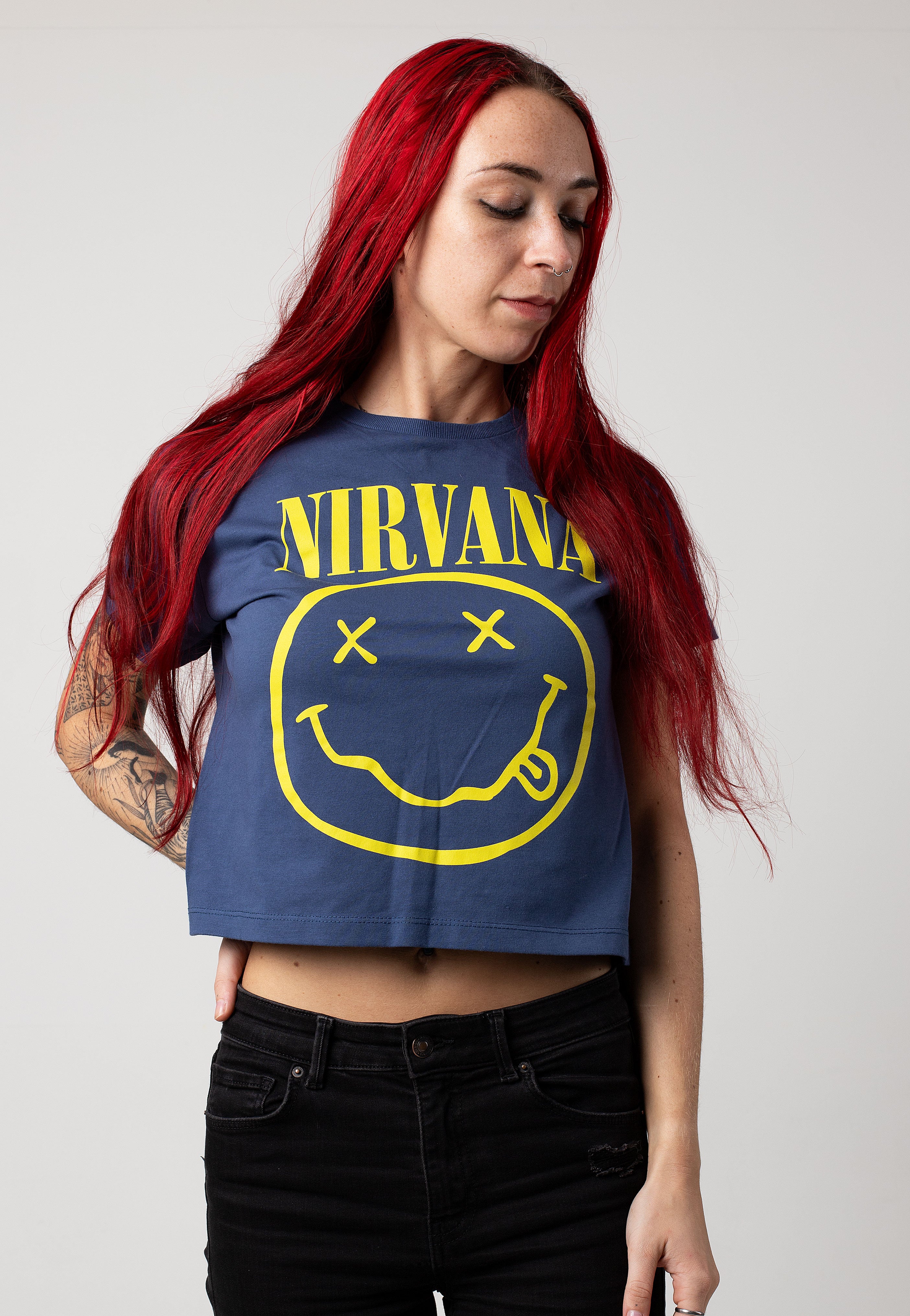 Nirvana - Happy Face Flower Sniffin Cropped Navy - T-Shirt | Women-Image