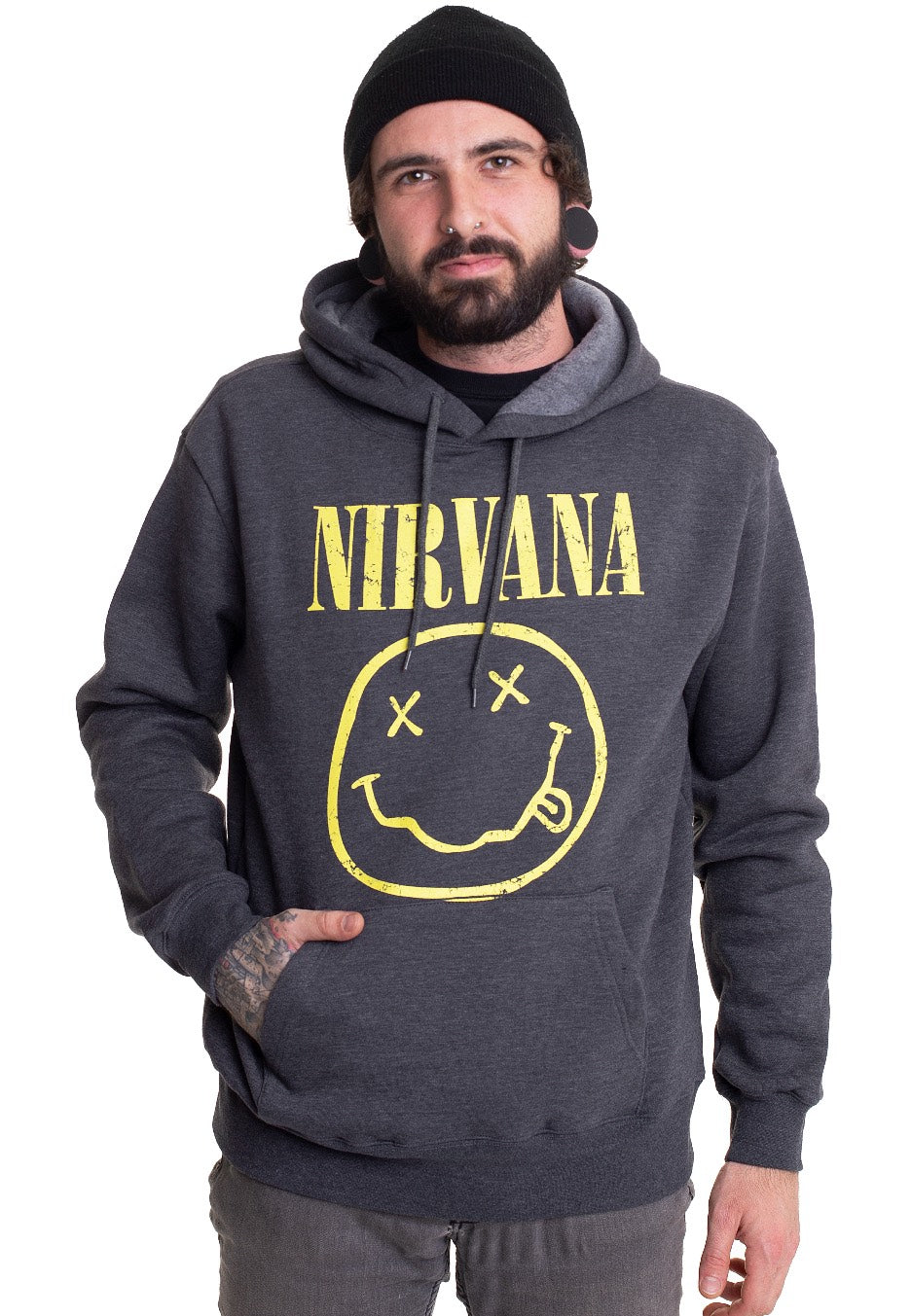 Nirvana - Yellow Happy Face Charcoal - Hoodie | Men-Image