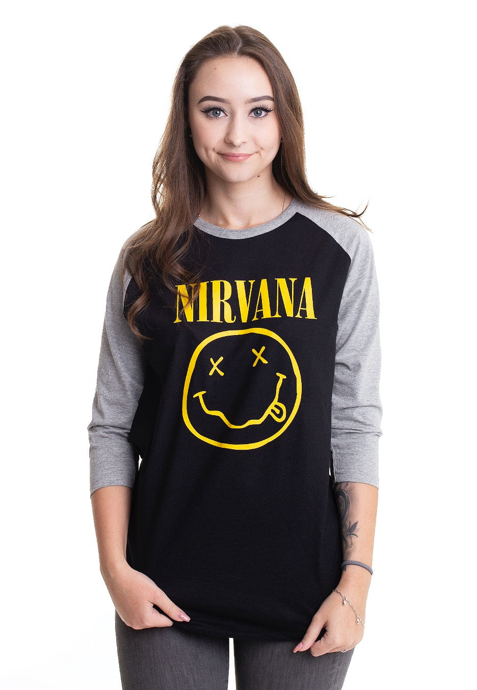 Nirvana - Yellow Happy Face Black/ Grey - Longsleeve | Women-Image