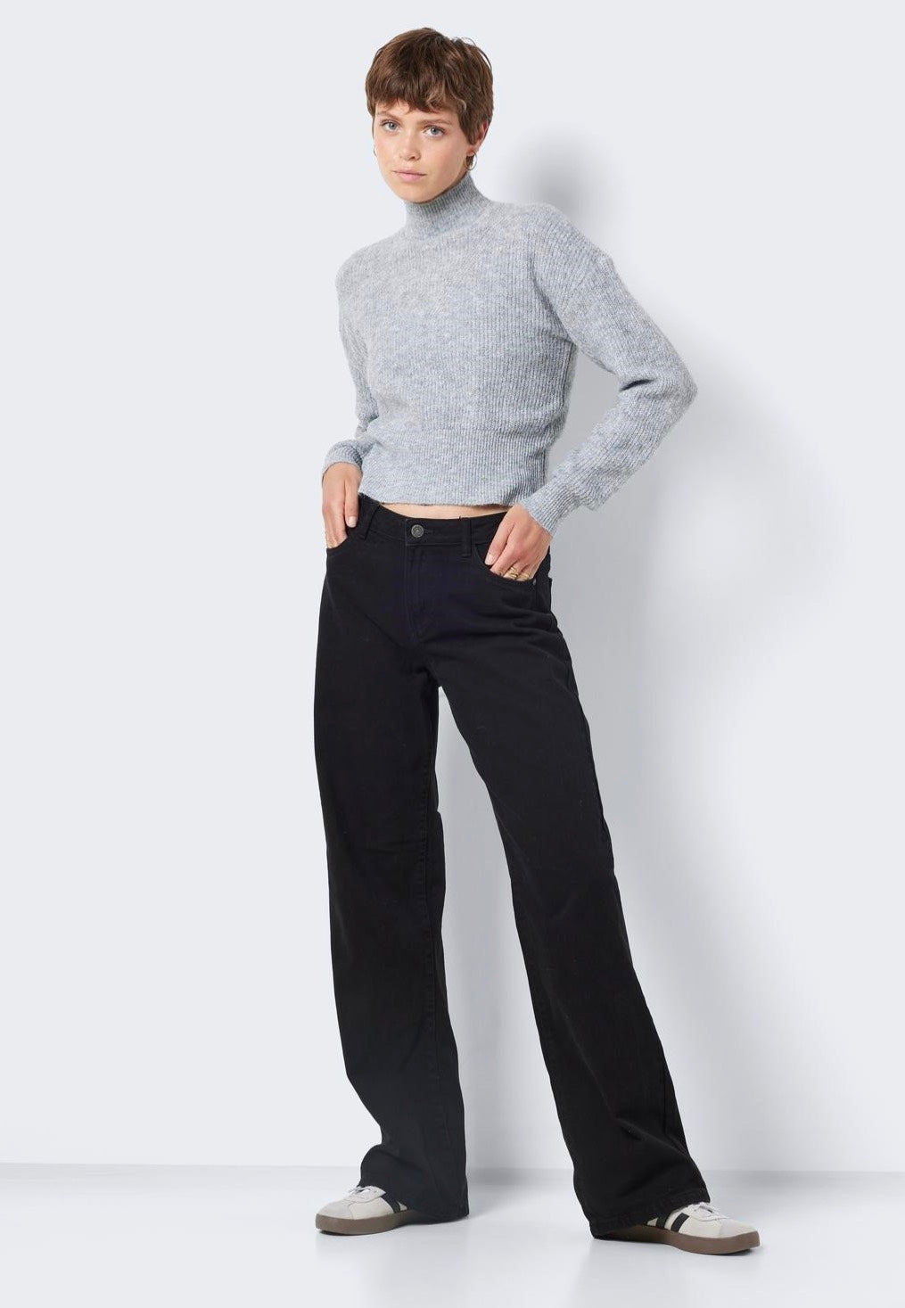 Noisy May - NellaHigh Neck Crop Medium Grey Melange - Pullover | Women-Image