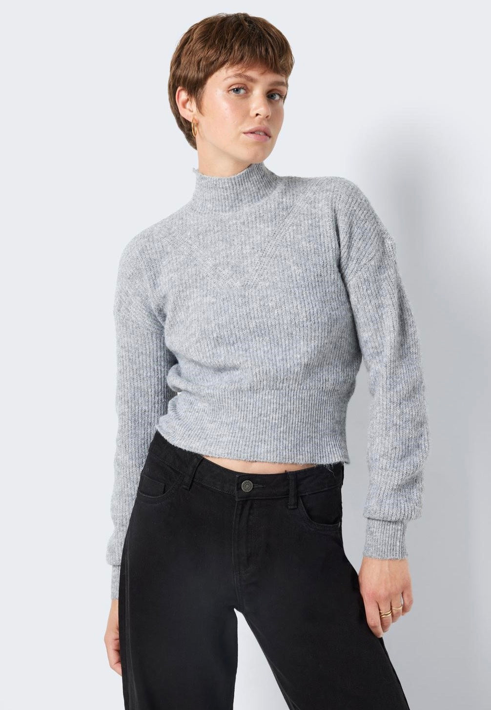 Noisy May - NellaHigh Neck Crop Medium Grey Melange - Pullover | Women-Image