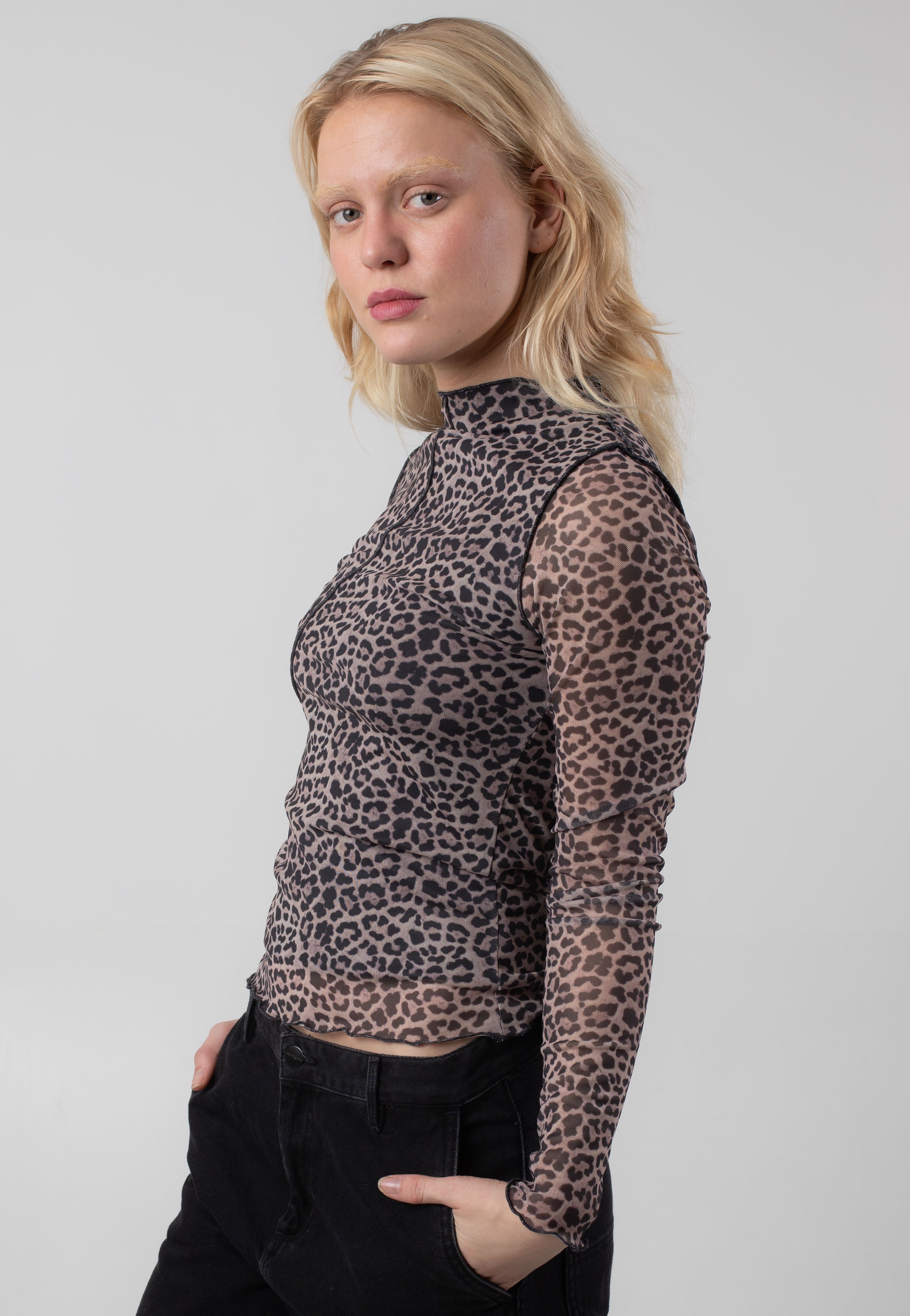 Noisy May - Steffi High Neck Mesh Oatmeal Leo - Top | Women-Image