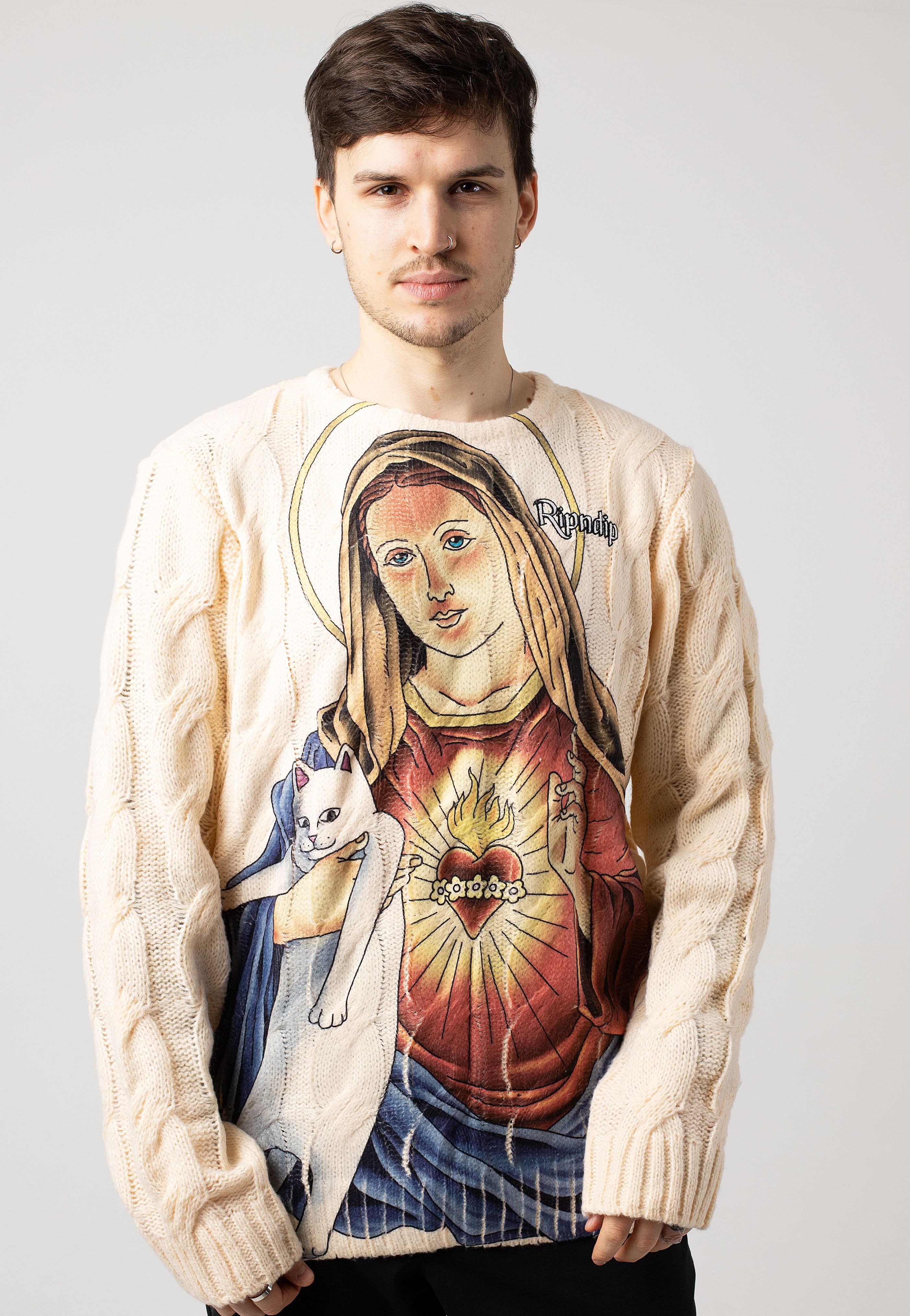 RIPNDIP - Mother Mary Cable Knit Cream - Pullover | Men-Image