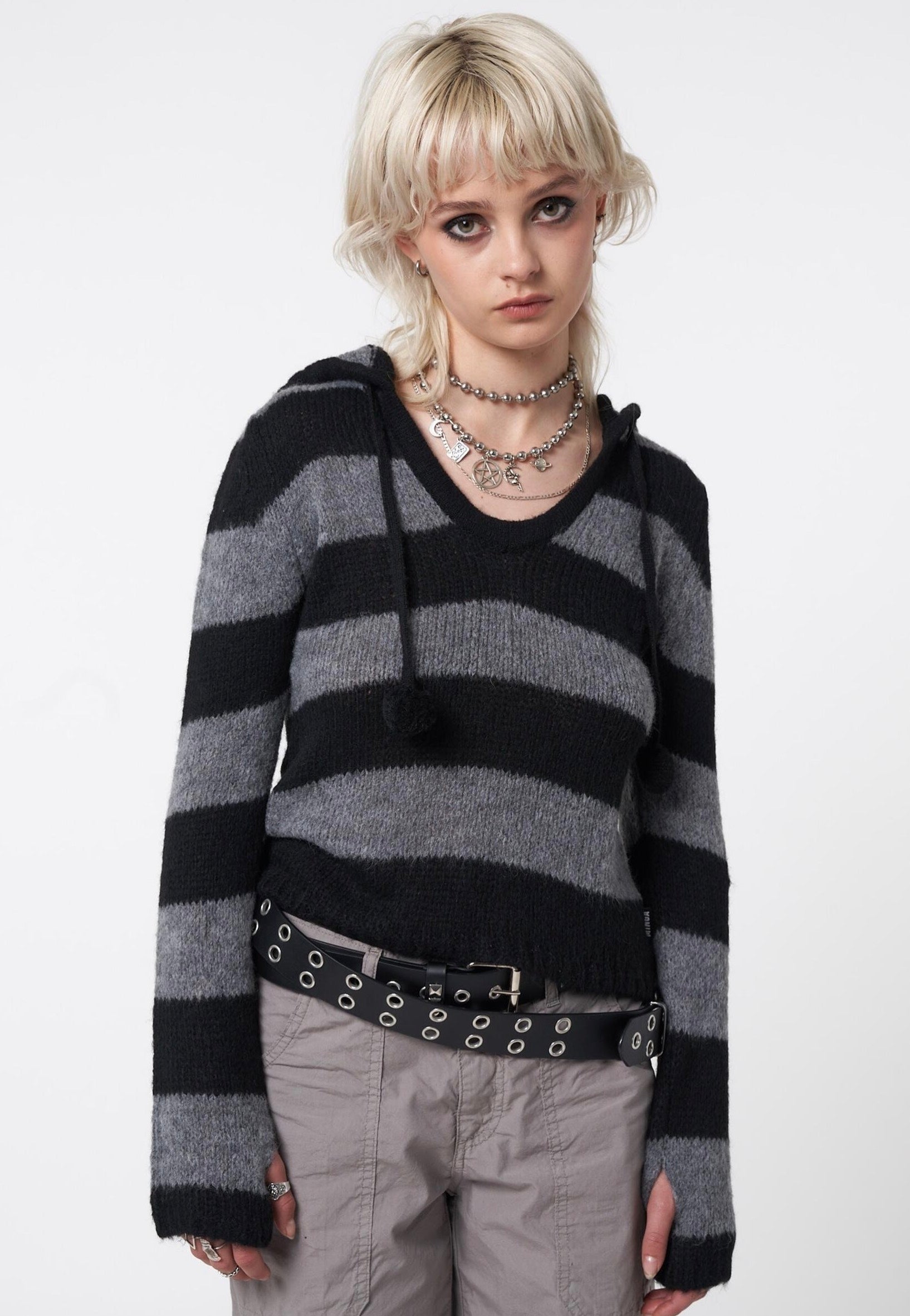 Minga London - Smoke Stripes Hooded Knit Black/Grey - Pullover | Women-Image