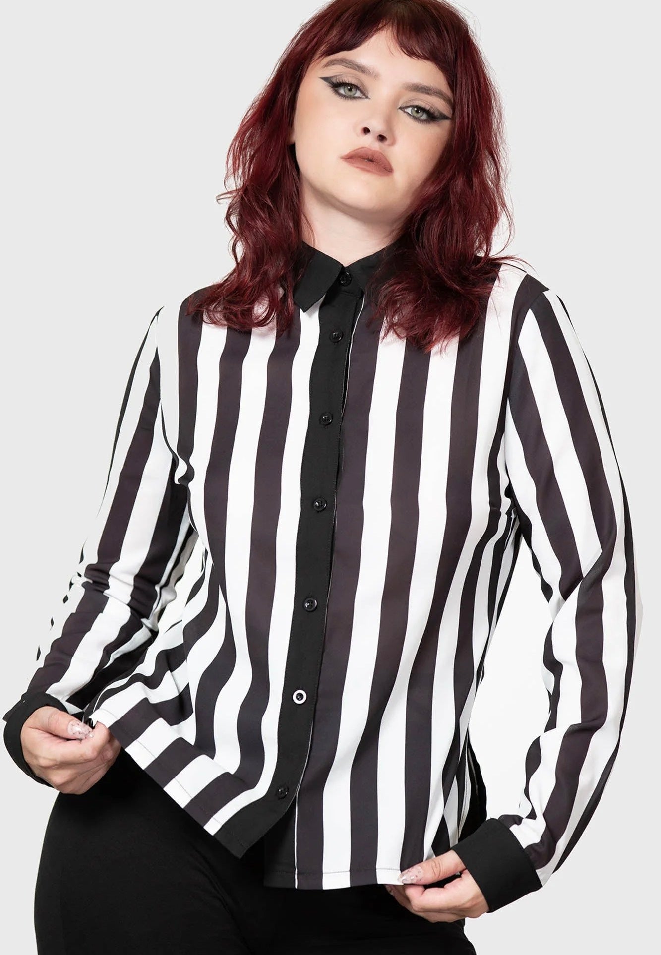 Killstar - Stripe Down Shirt Black - Blouse | Women-Image