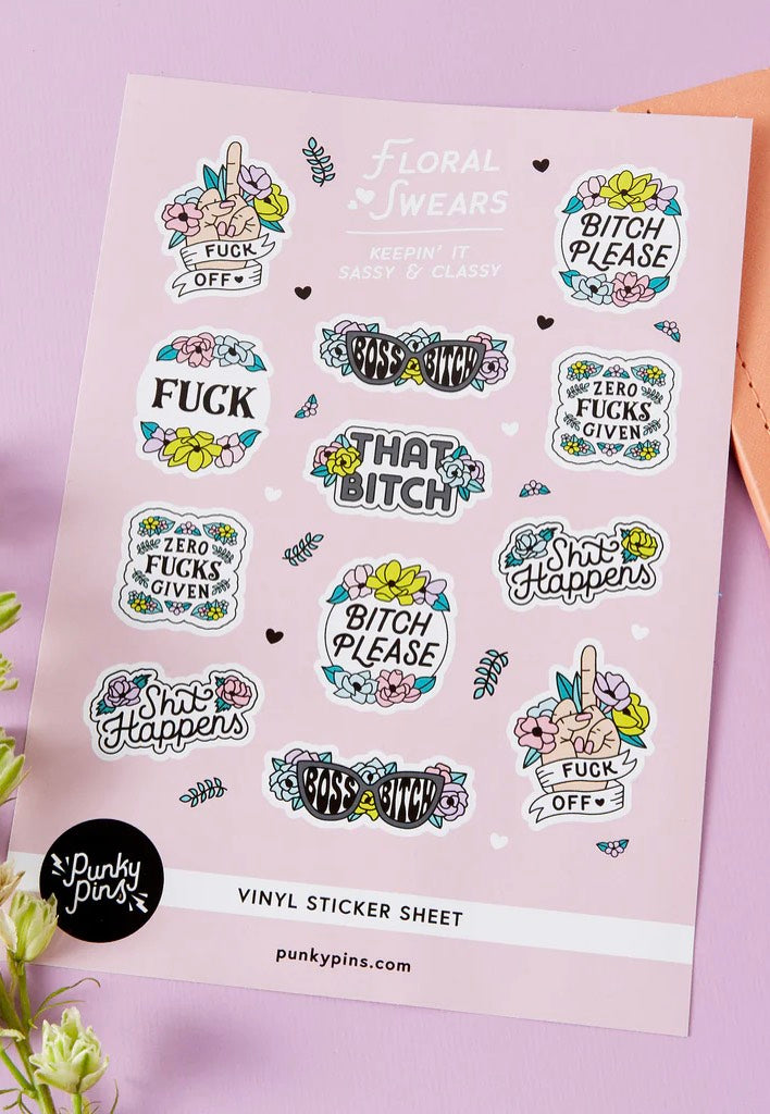 Punky Pins - Floral Swears A5 Vinyl Pink - Sticker Set | Neutral-Image