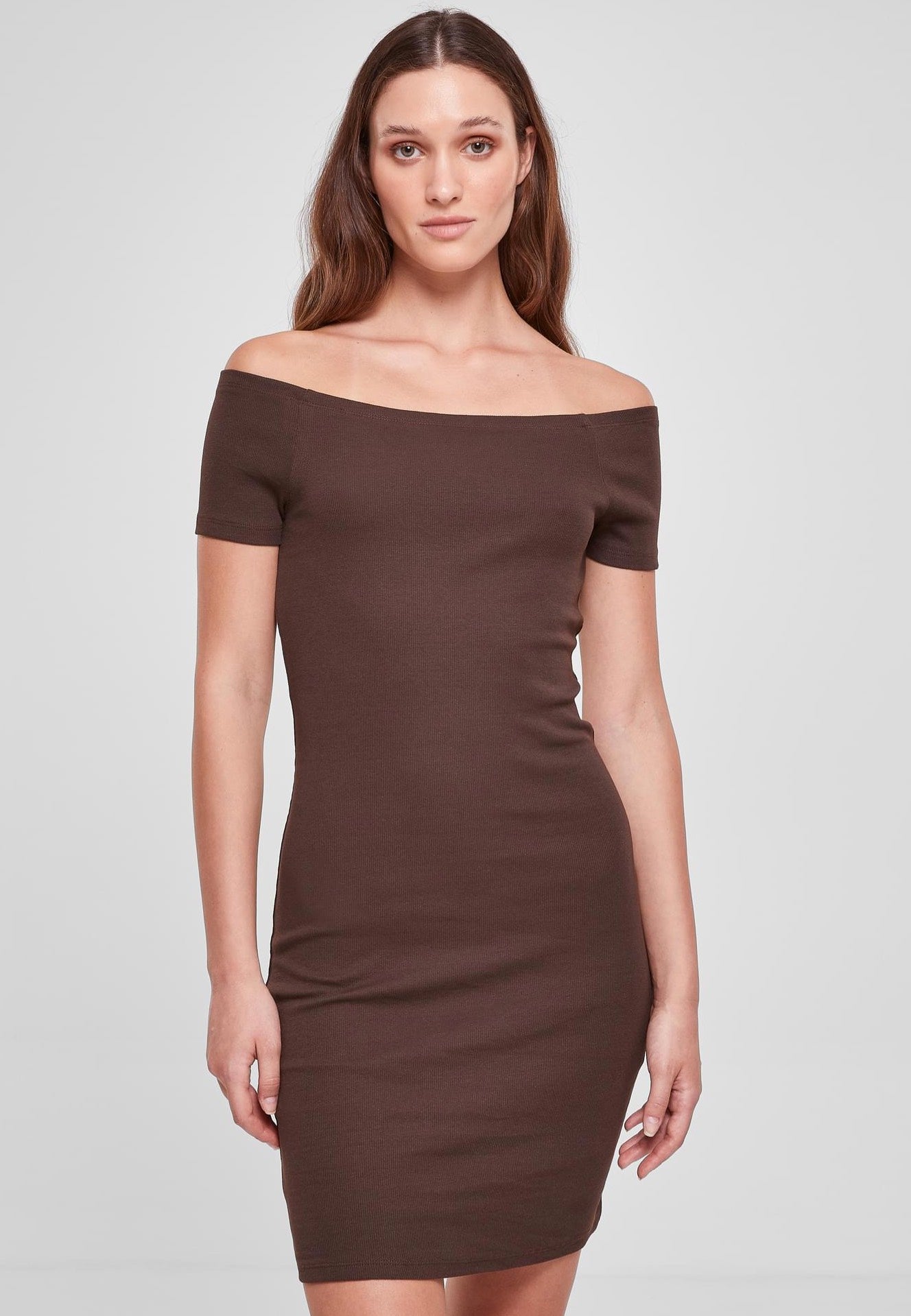 Urban Classics - Ladies Off Shoulder Rib Brown - Dress | Women-Image