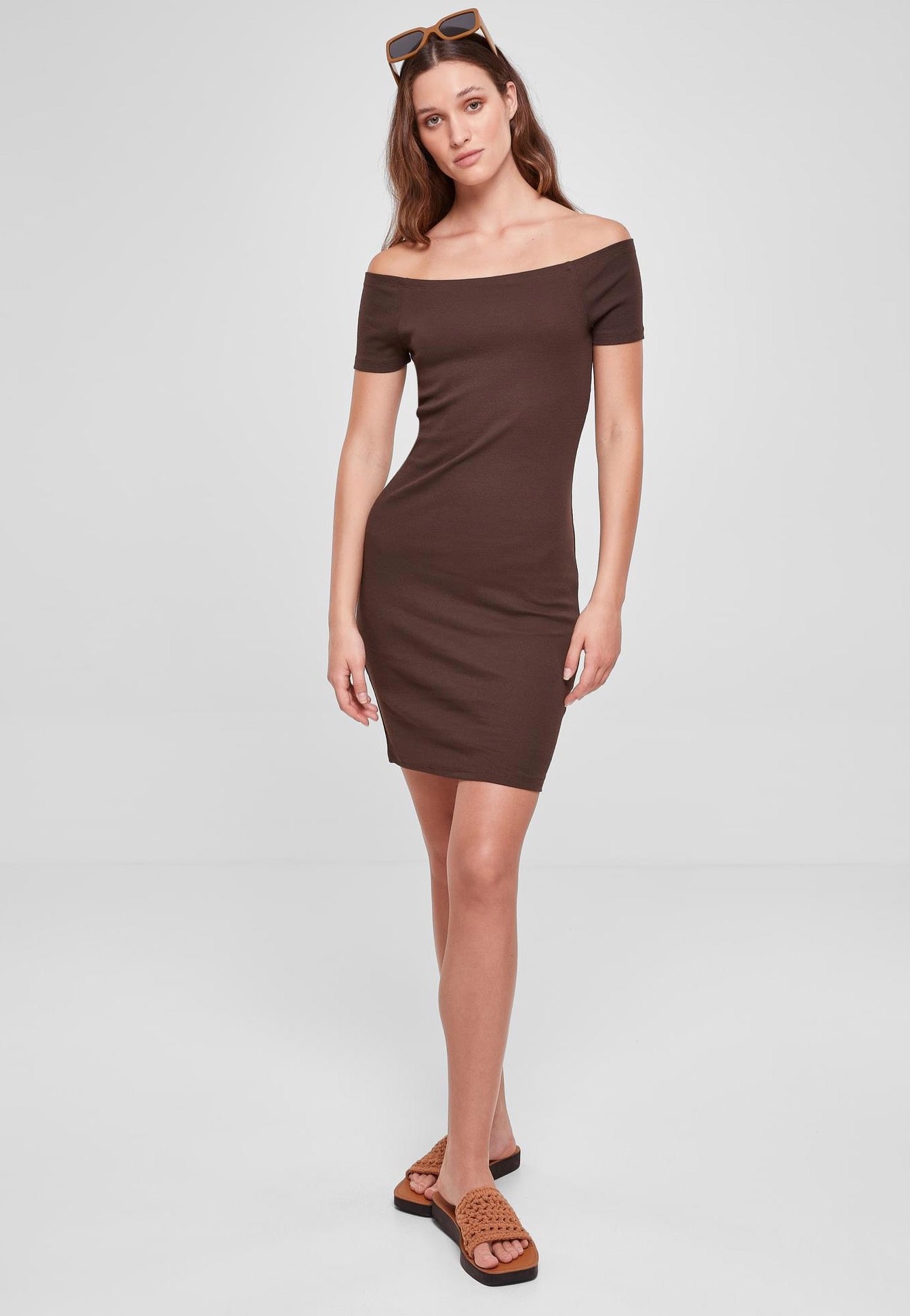 Urban Classics - Ladies Off Shoulder Rib Brown - Dress | Women-Image