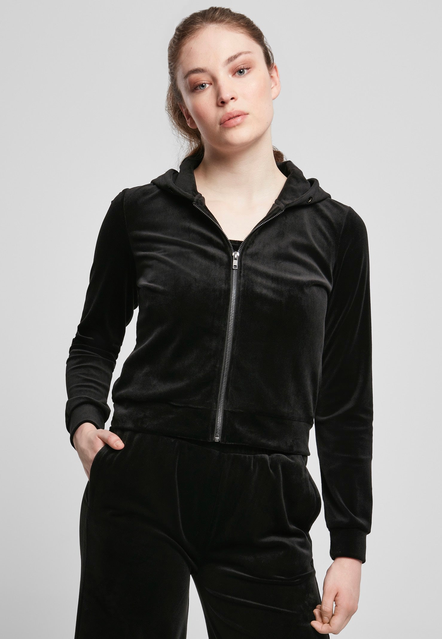 Urban Classics - Ladies Short Velvet Zip Black - Zipper | Women-Image