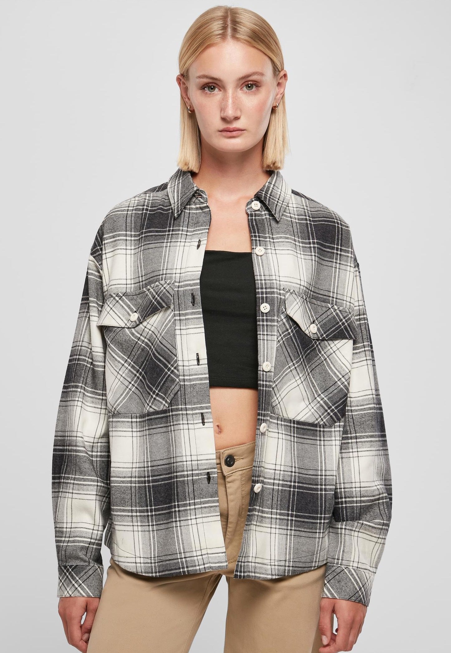 Urban Classics - Ladies Oversized Check Whitesand/Black - Shirt | Women-Image