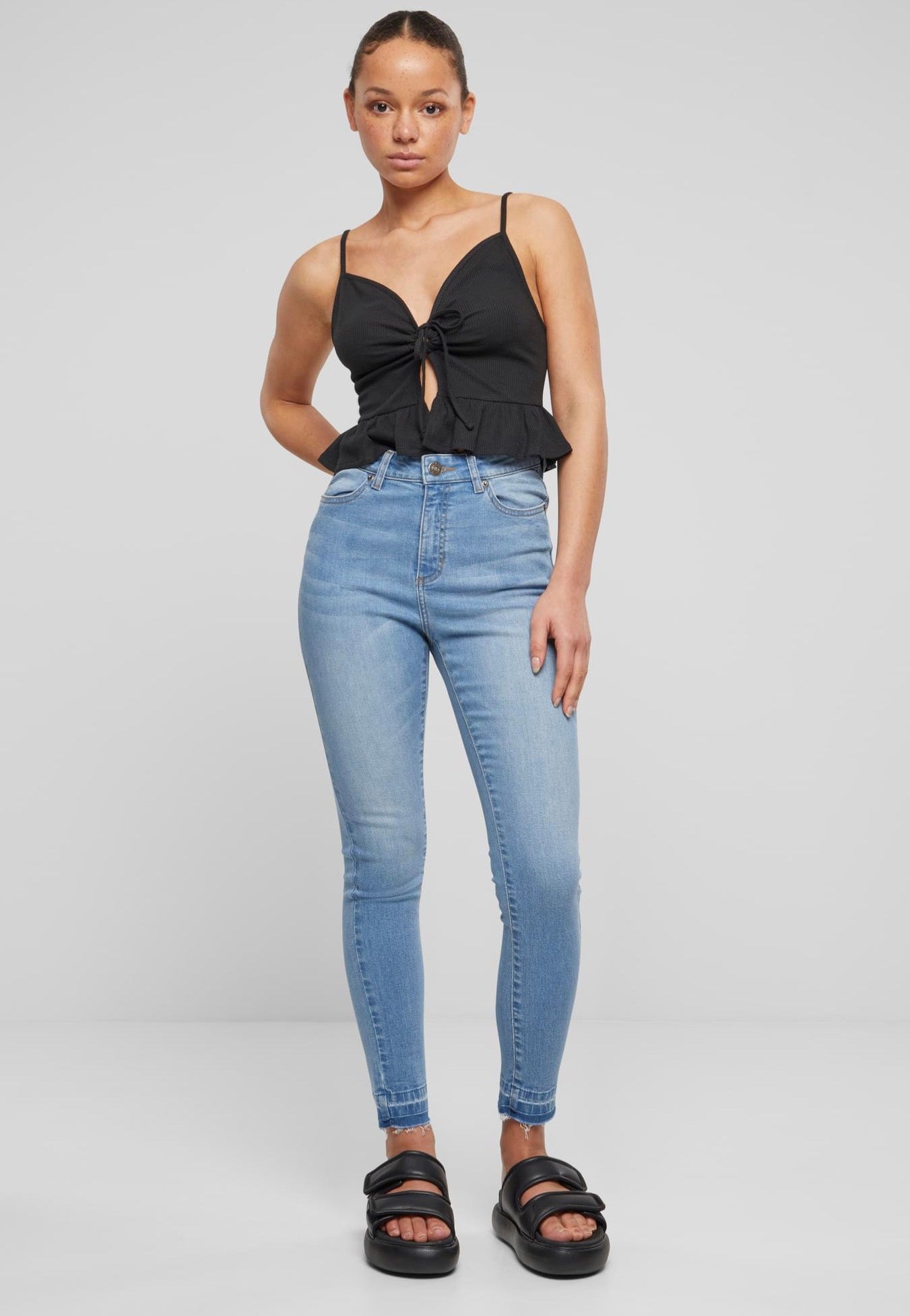 Urban Classics - Ladies Waffle Pique Ruffle Black - Top | Women-Image