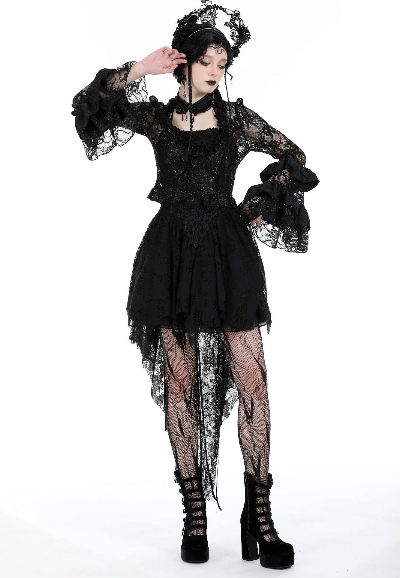 Dark In Love - Gothic Sexy Lace Petal Sleeve Black - Top | Women-Image