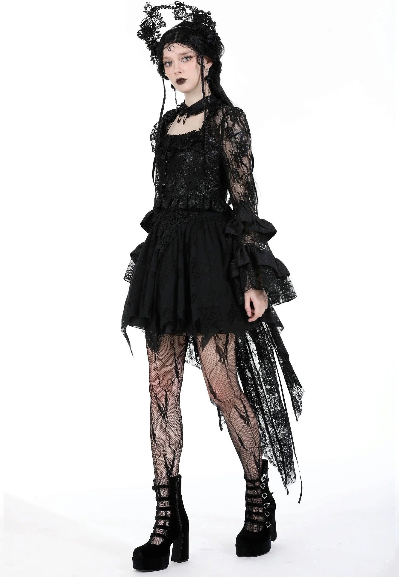 Dark In Love - Gothic Sexy Lace Petal Sleeve Black - Top | Women-Image