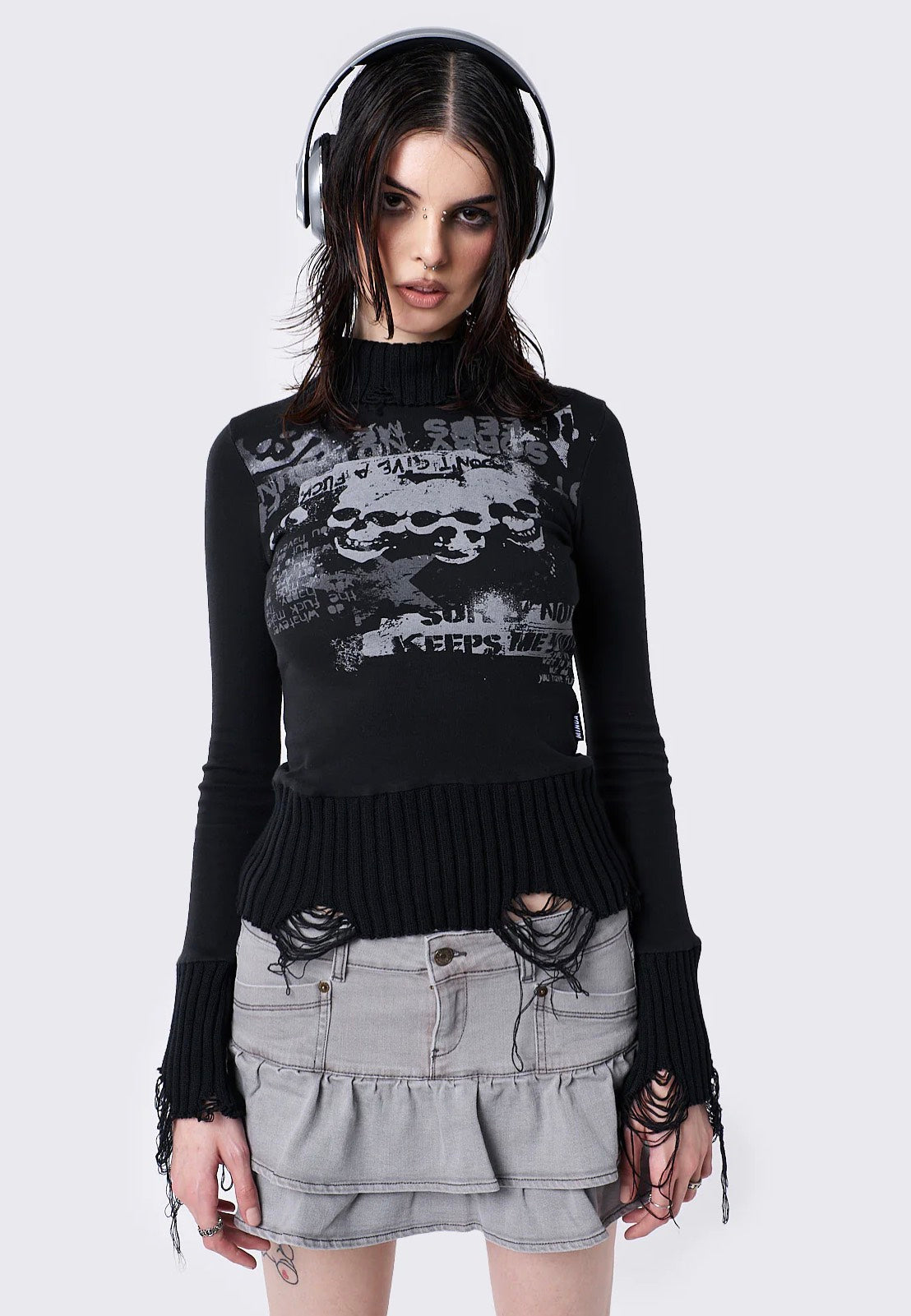 Minga London - Unapolagetic Distressed High Neck Black - Top | Women-Image