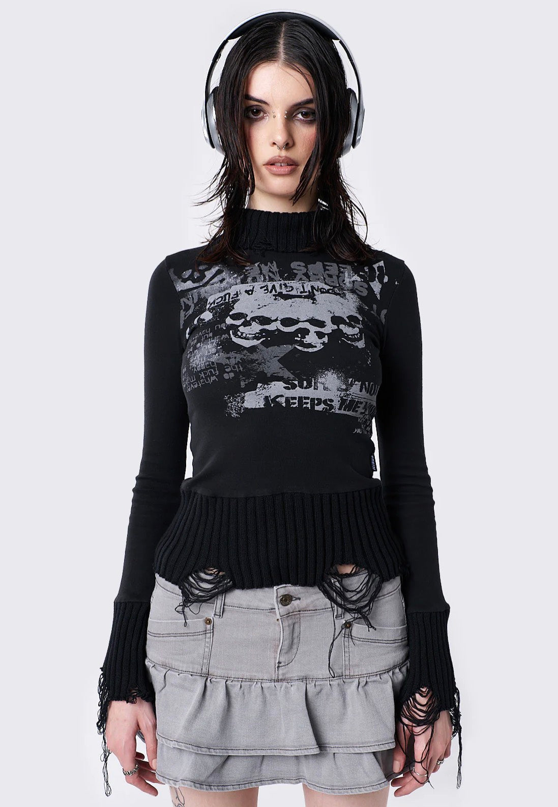 Minga London - Unapolagetic Distressed High Neck Black - Top | Women-Image