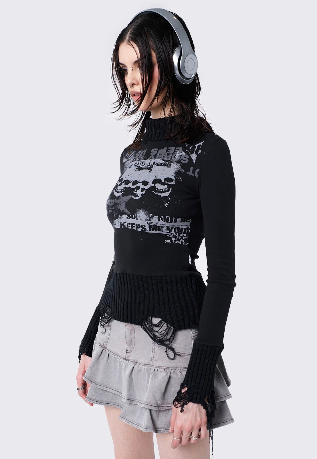 Minga London - Unapolagetic Distressed High Neck Black - Top | Women-Image