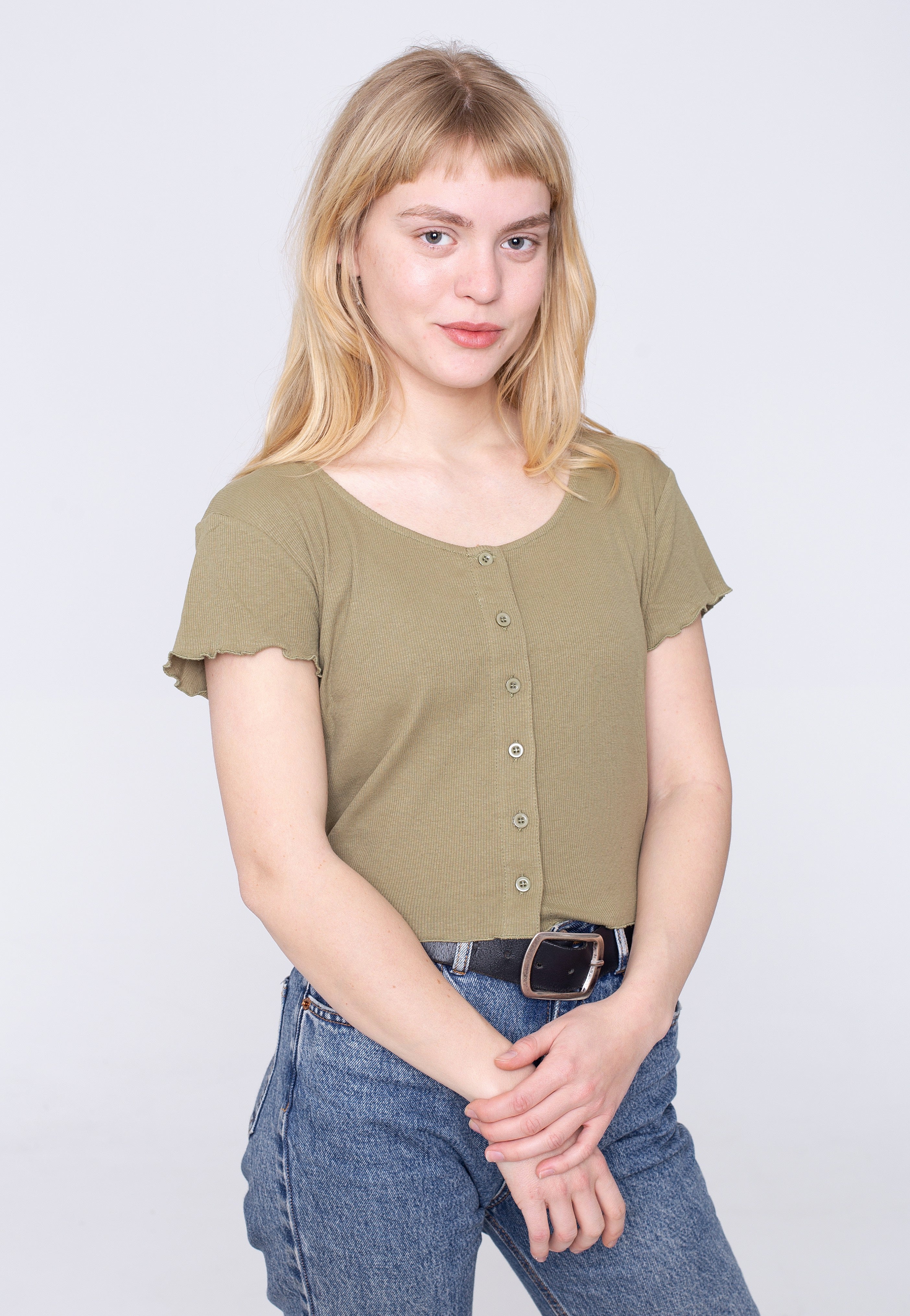 Urban Classics - Ladies Cropped Button Up Rib Khaki - T-Shirt | Women-Image