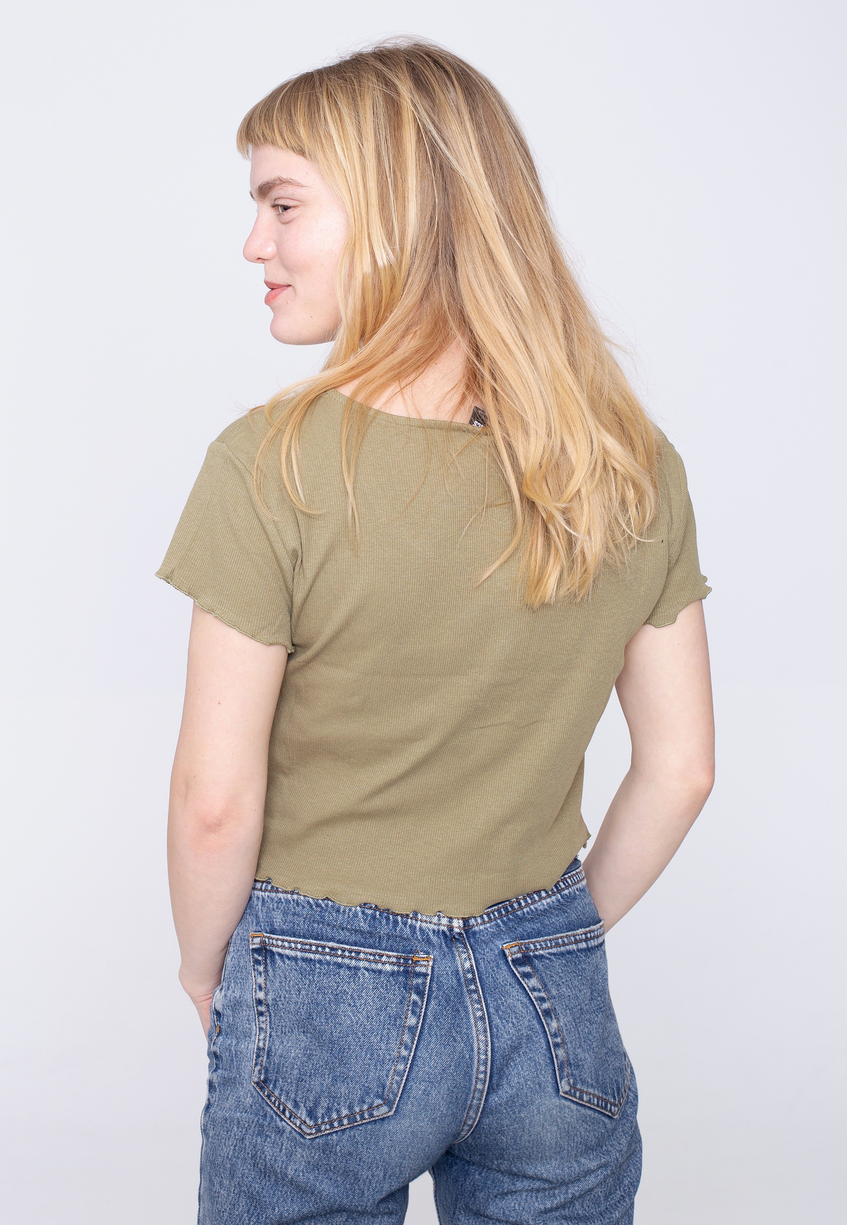 Urban Classics - Ladies Cropped Button Up Rib Khaki - T-Shirt | Women-Image