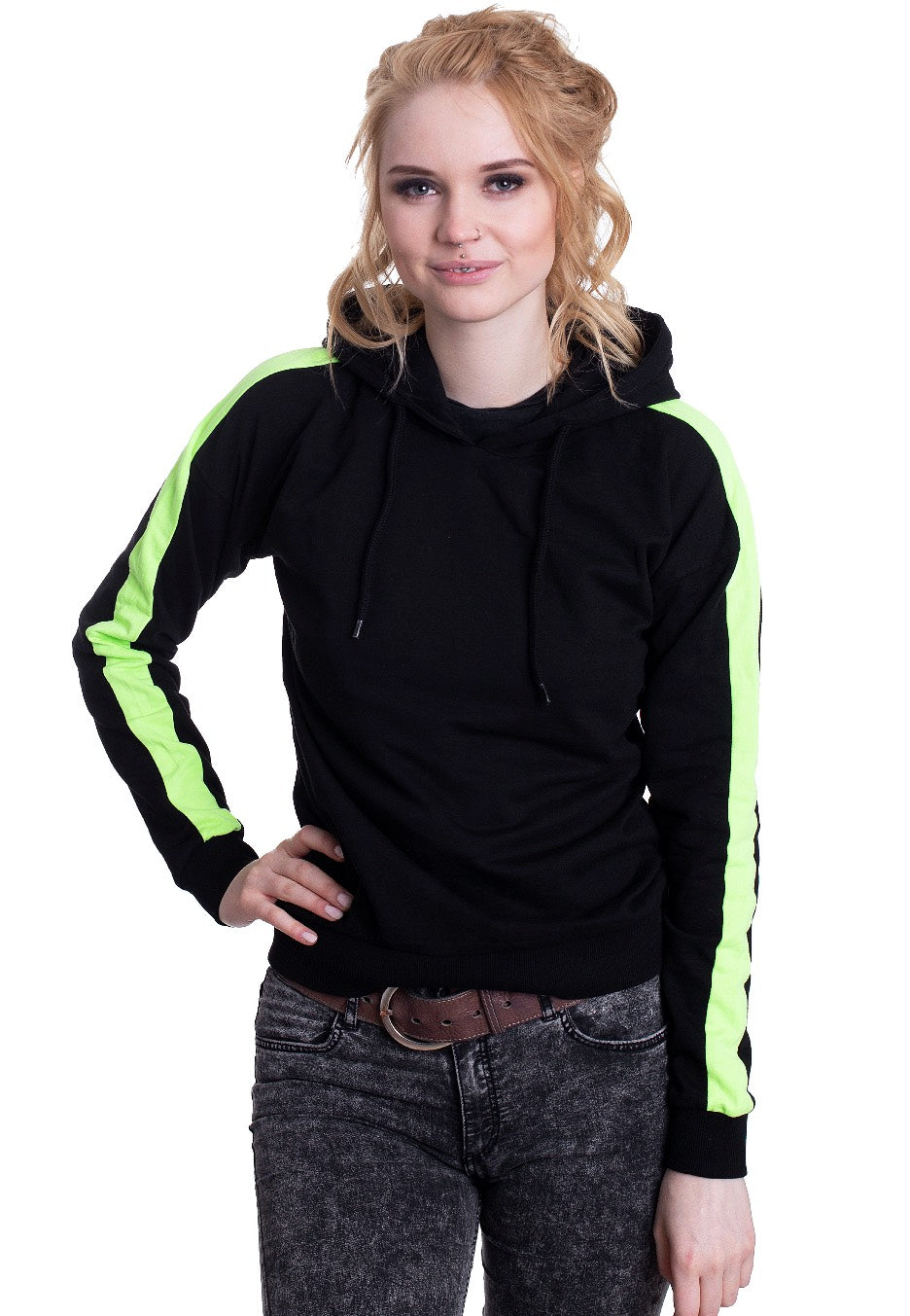 Urban Classics - Ladies Neon Shoulder Stripe Black/Electriclime - Hoodie | Women-Image