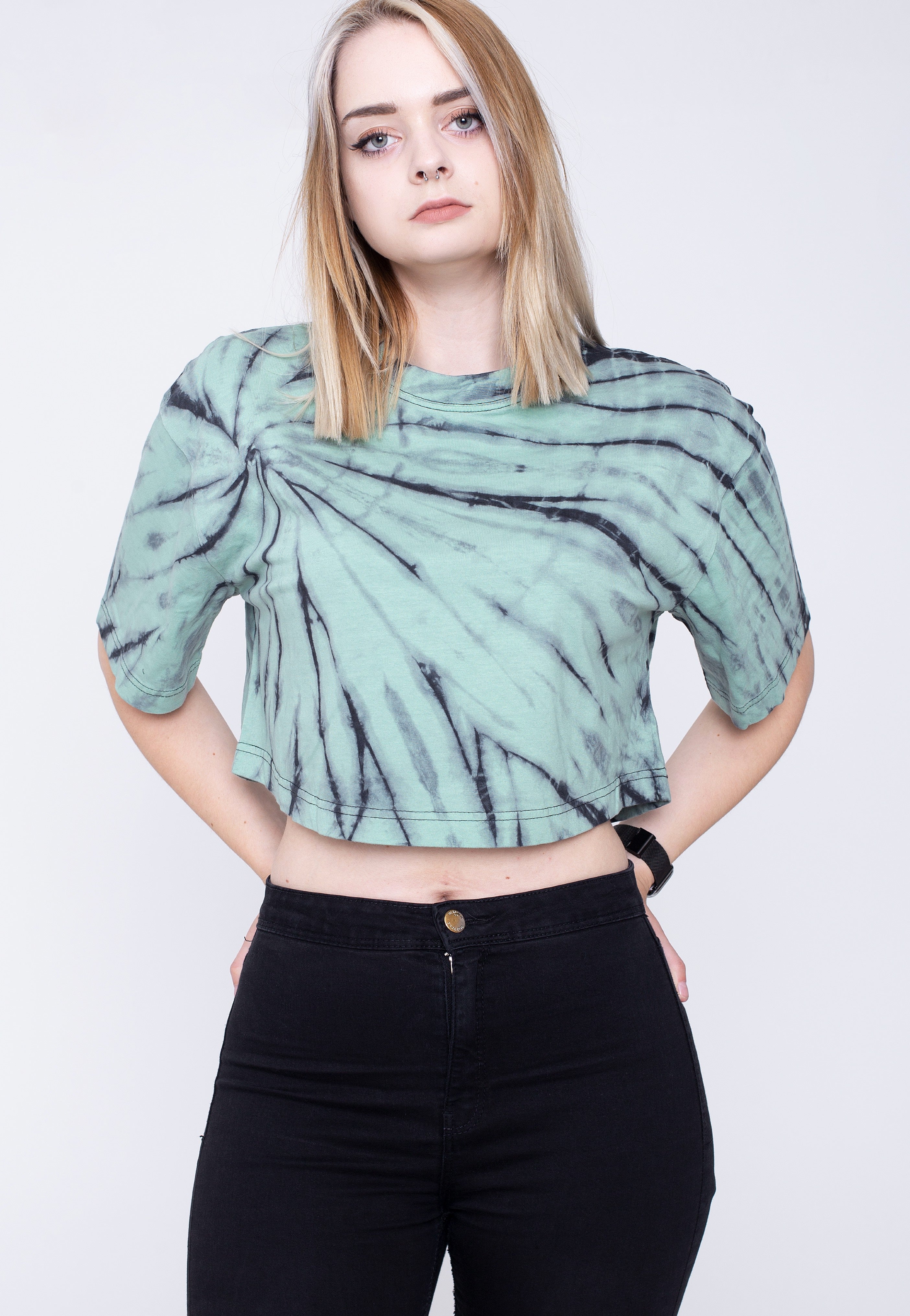 Urban Classics - Ladies Oversized Cropped Tie Dye Black/Ghost Green - T-Shirt | Women-Image