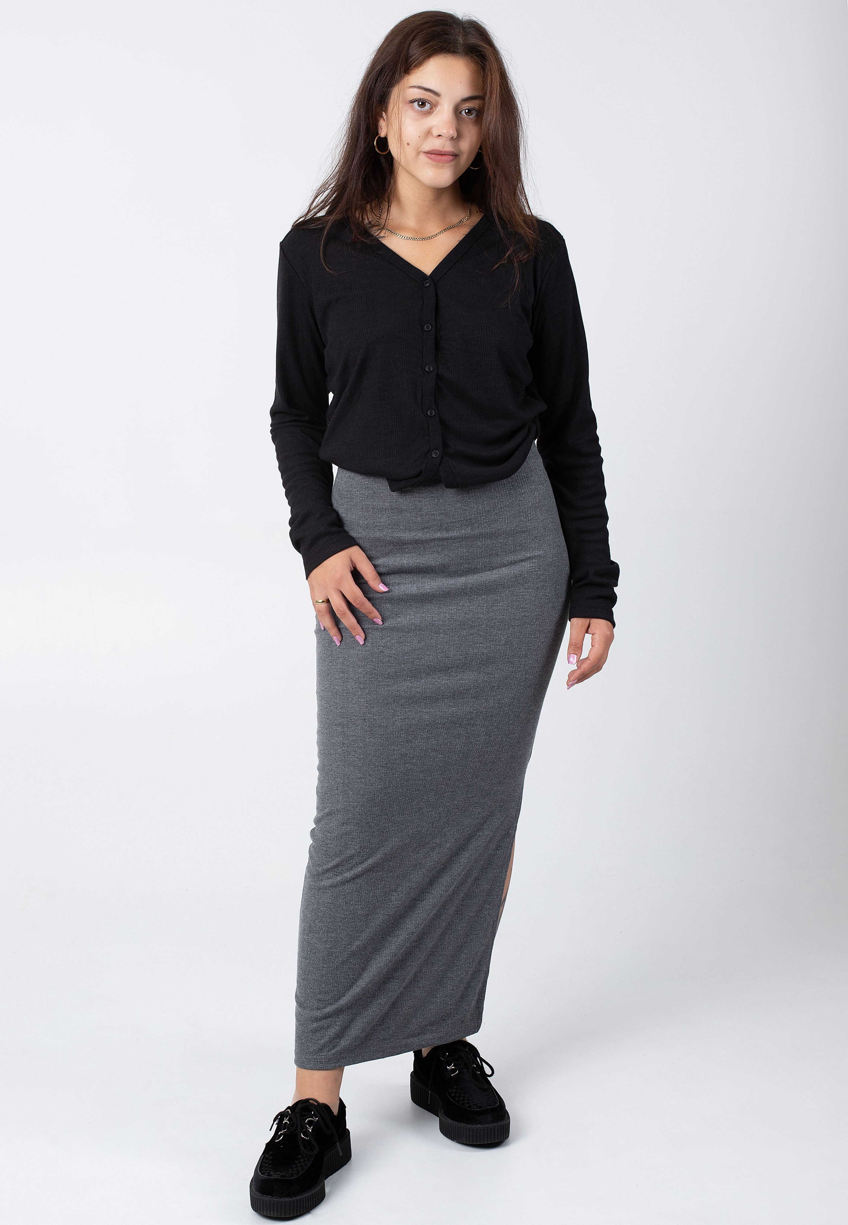 Urban Classics - Ladies Rib High Slit Darkgreymelange - Skirt | Women-Image