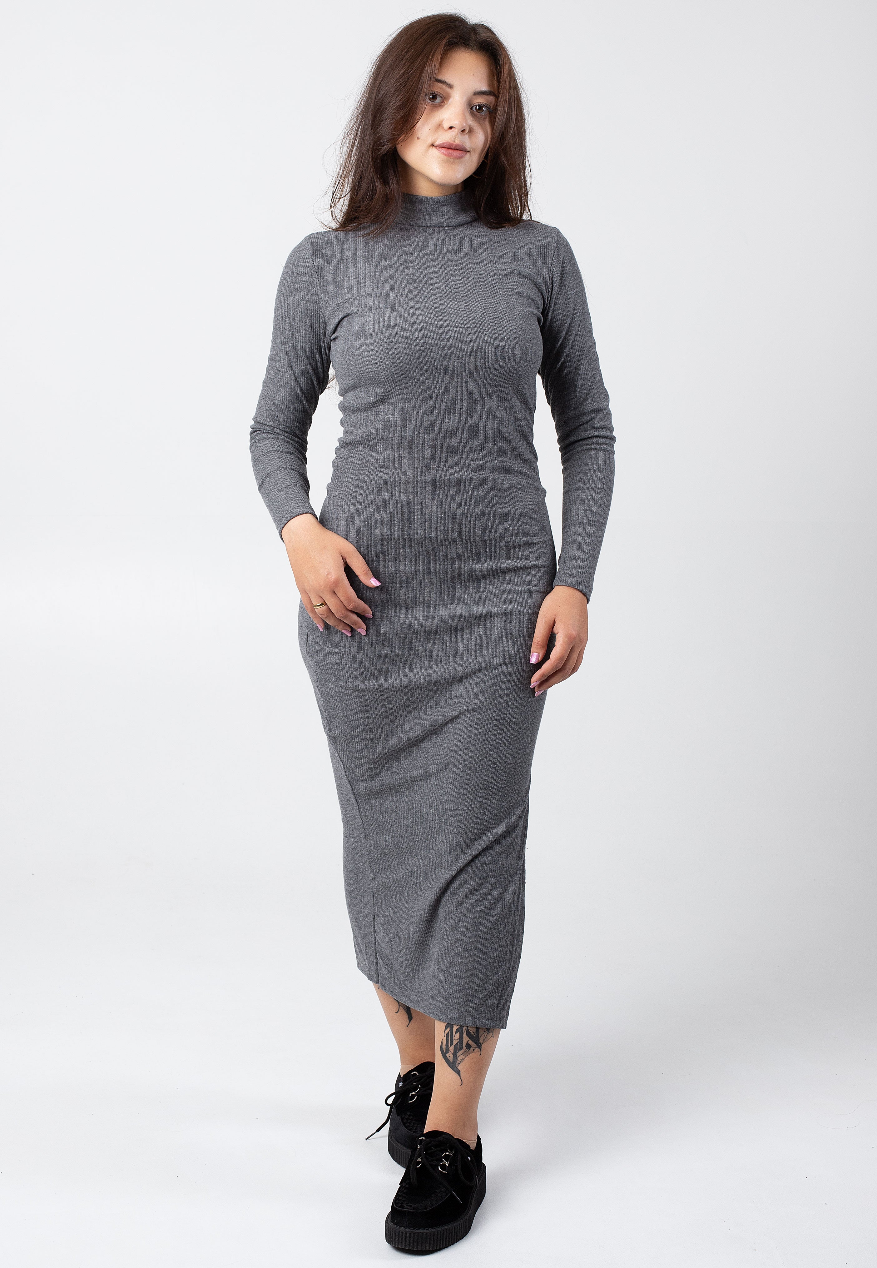 Urban Classics - Ladies Rib Longsleeve Mockneck Darkgreymelange - Dress | Women-Image