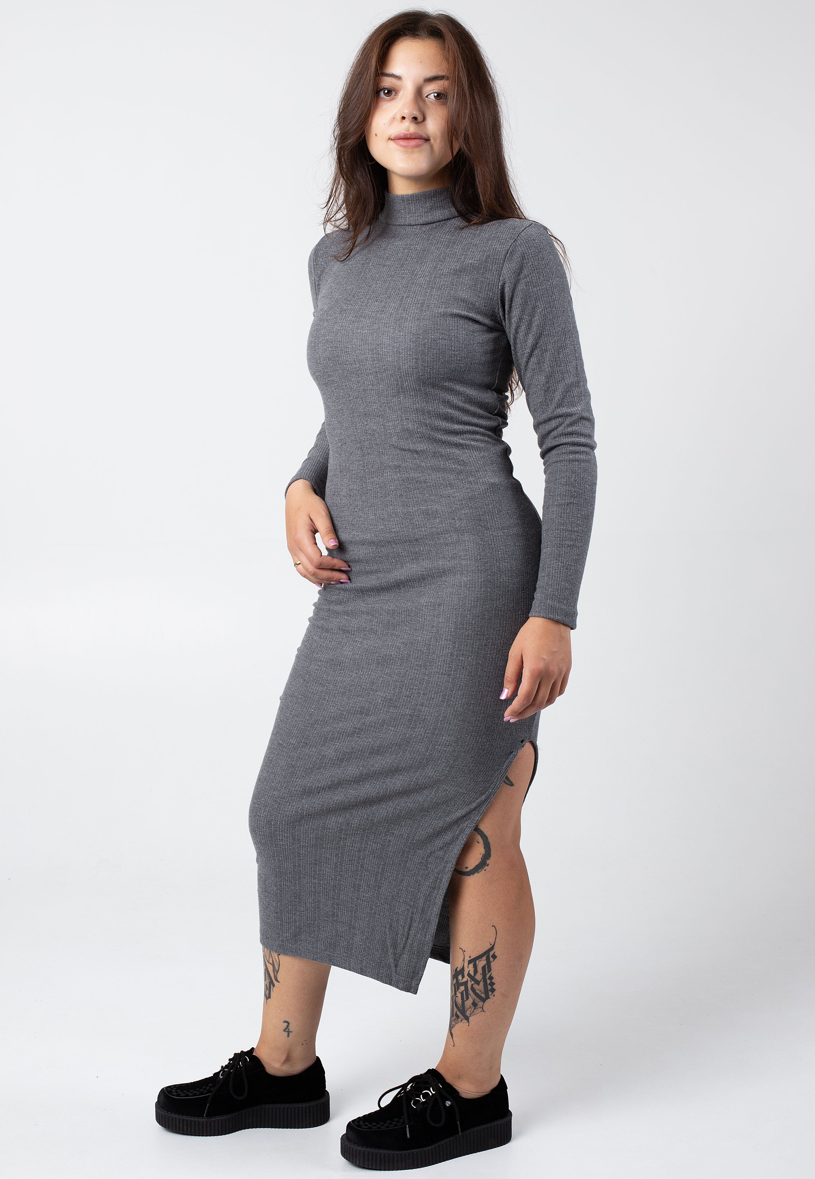 Urban Classics - Ladies Rib Longsleeve Mockneck Darkgreymelange - Dress | Women-Image