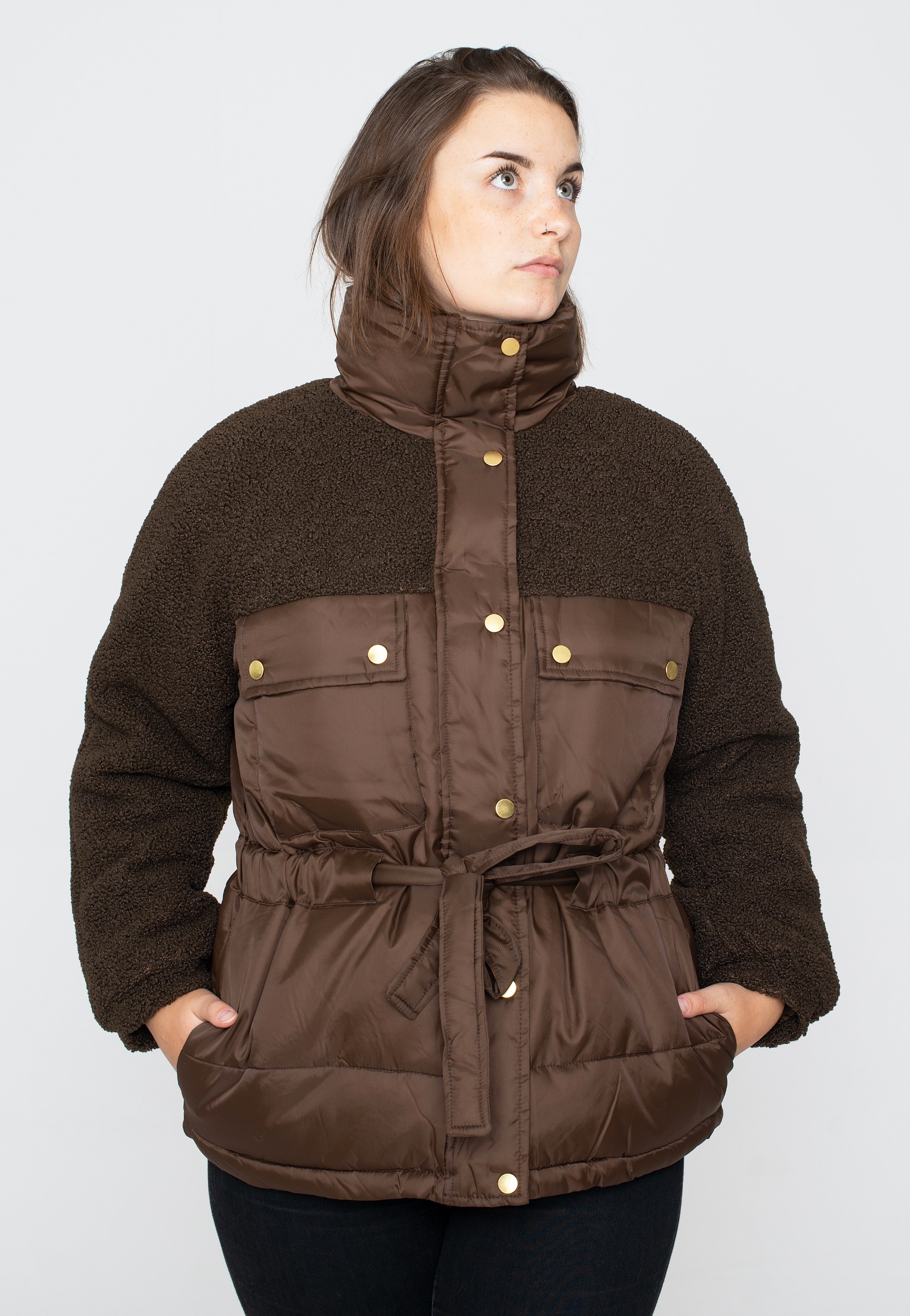 Urban Classics - Ladies Sherpa Mix Puffer Brown - Jacket | Women-Image