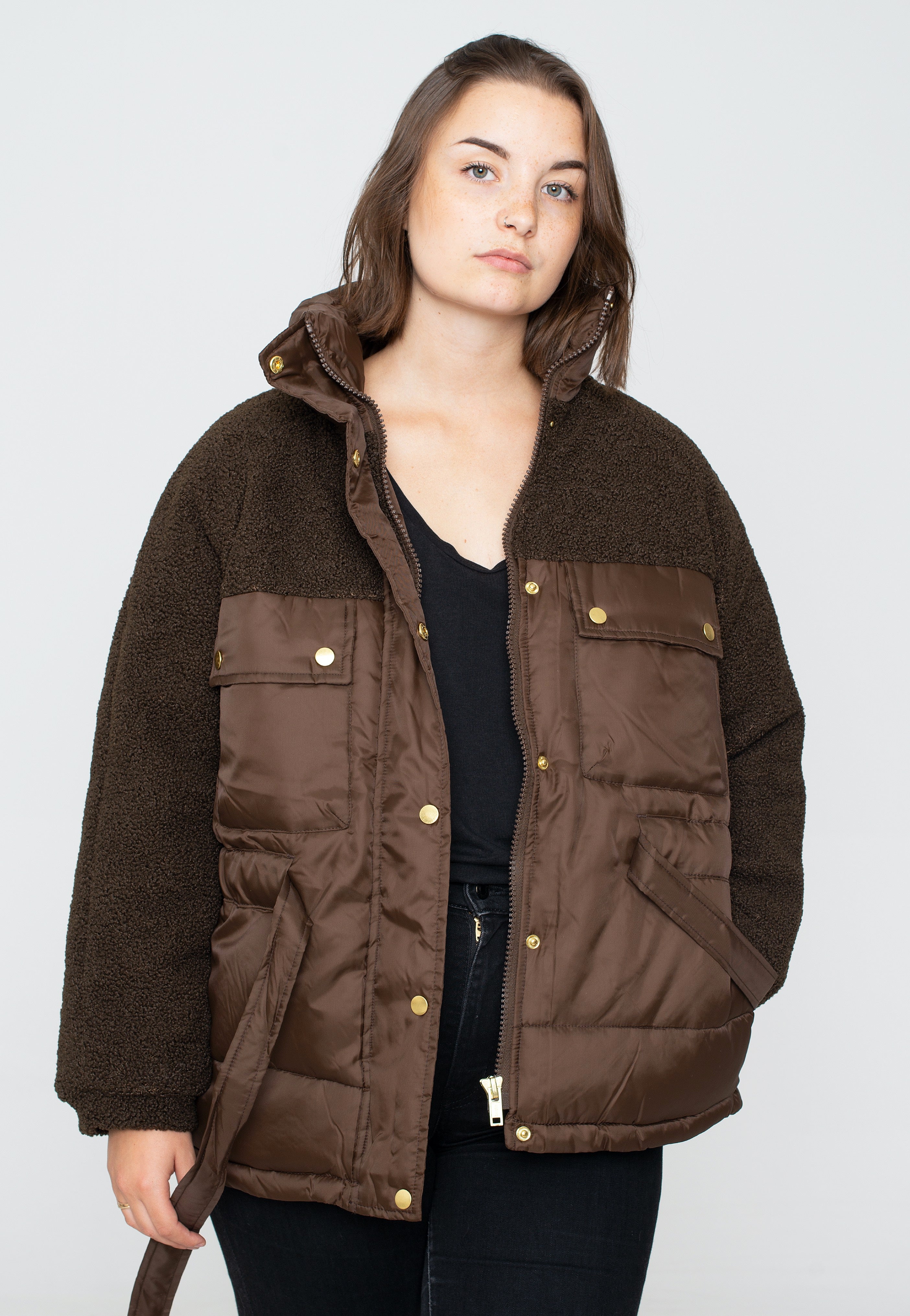 Urban Classics - Ladies Sherpa Mix Puffer Brown - Jacket | Women-Image