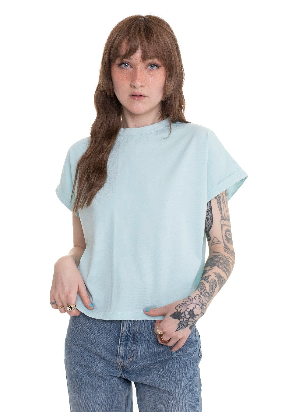 Urban Classics - Ladies Short Pigment Dye Cut On Sleeve Seablue - T-Shirt | Women-Image