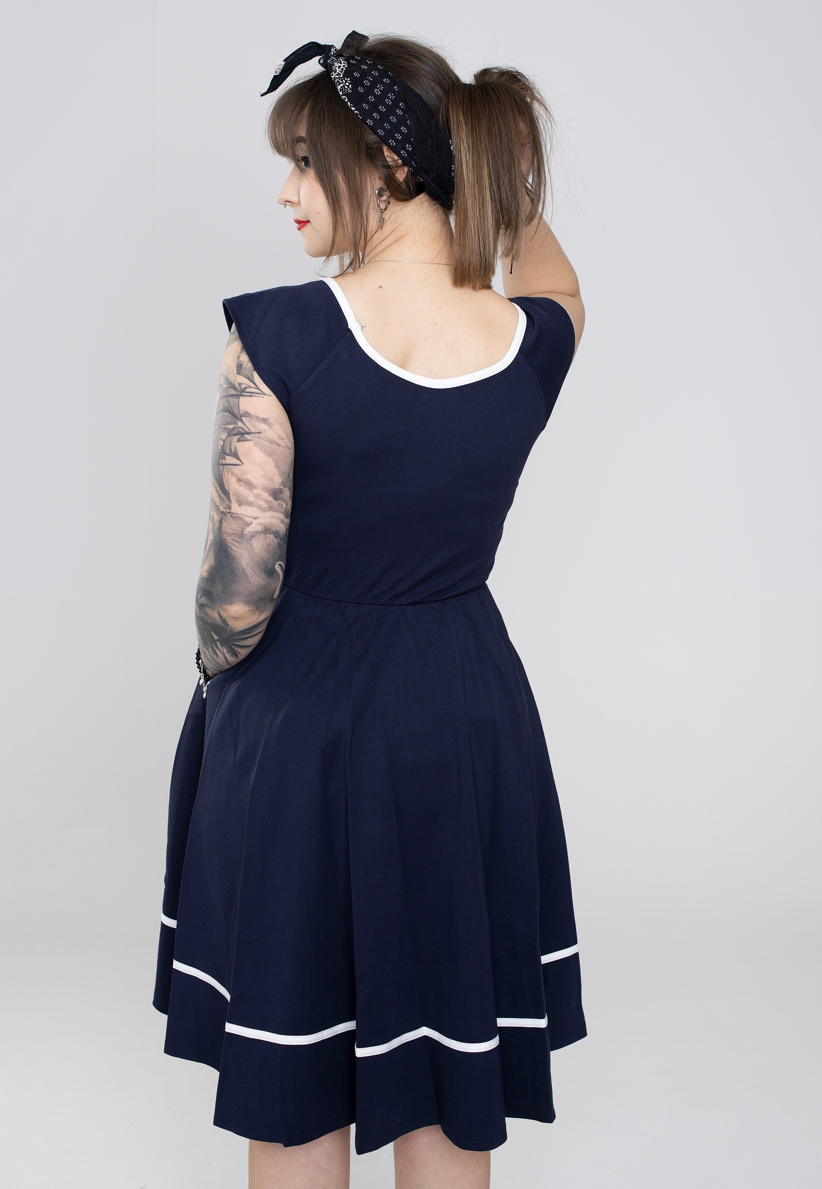 Voodoo Vixen - Catalina Red Bow Seaside Flare Navy - Dress | Women-Image