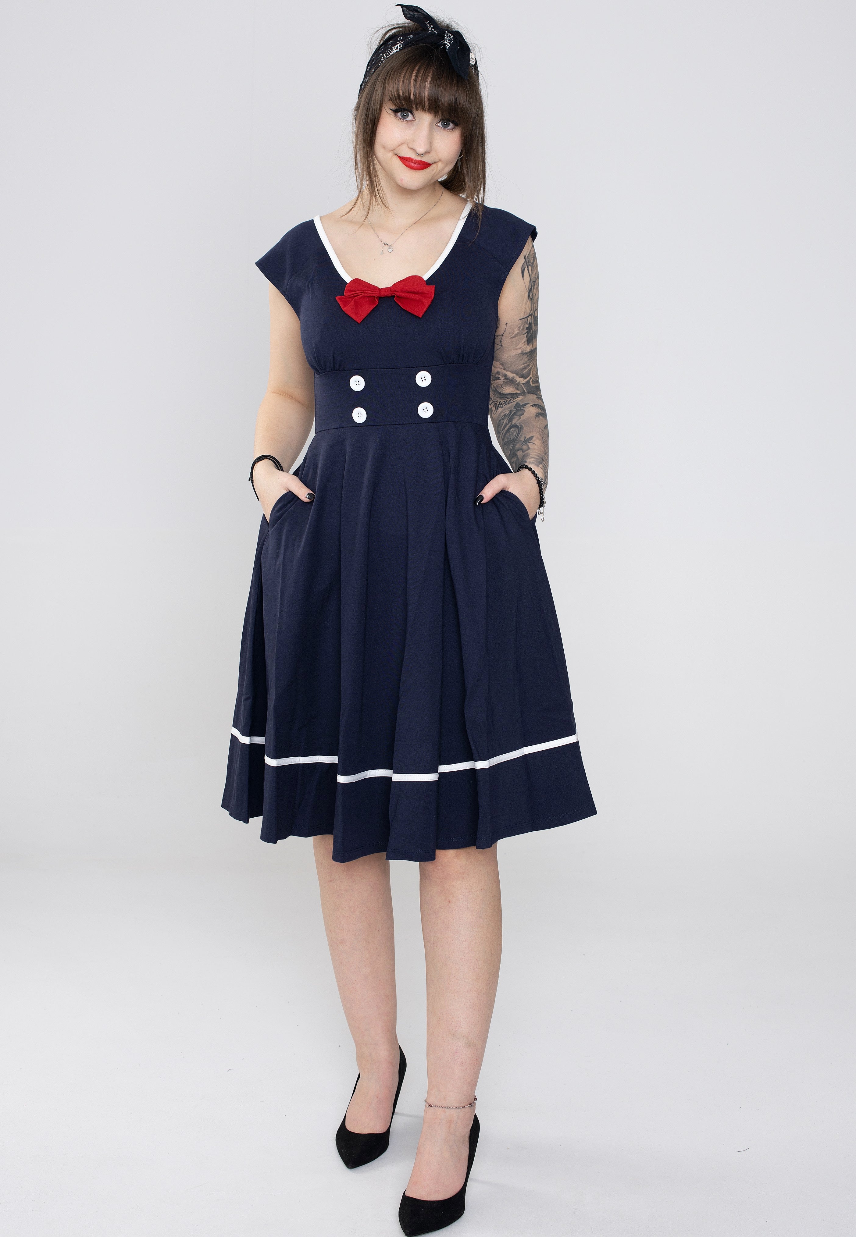 Voodoo Vixen - Catalina Red Bow Seaside Flare Navy - Dress | Women-Image