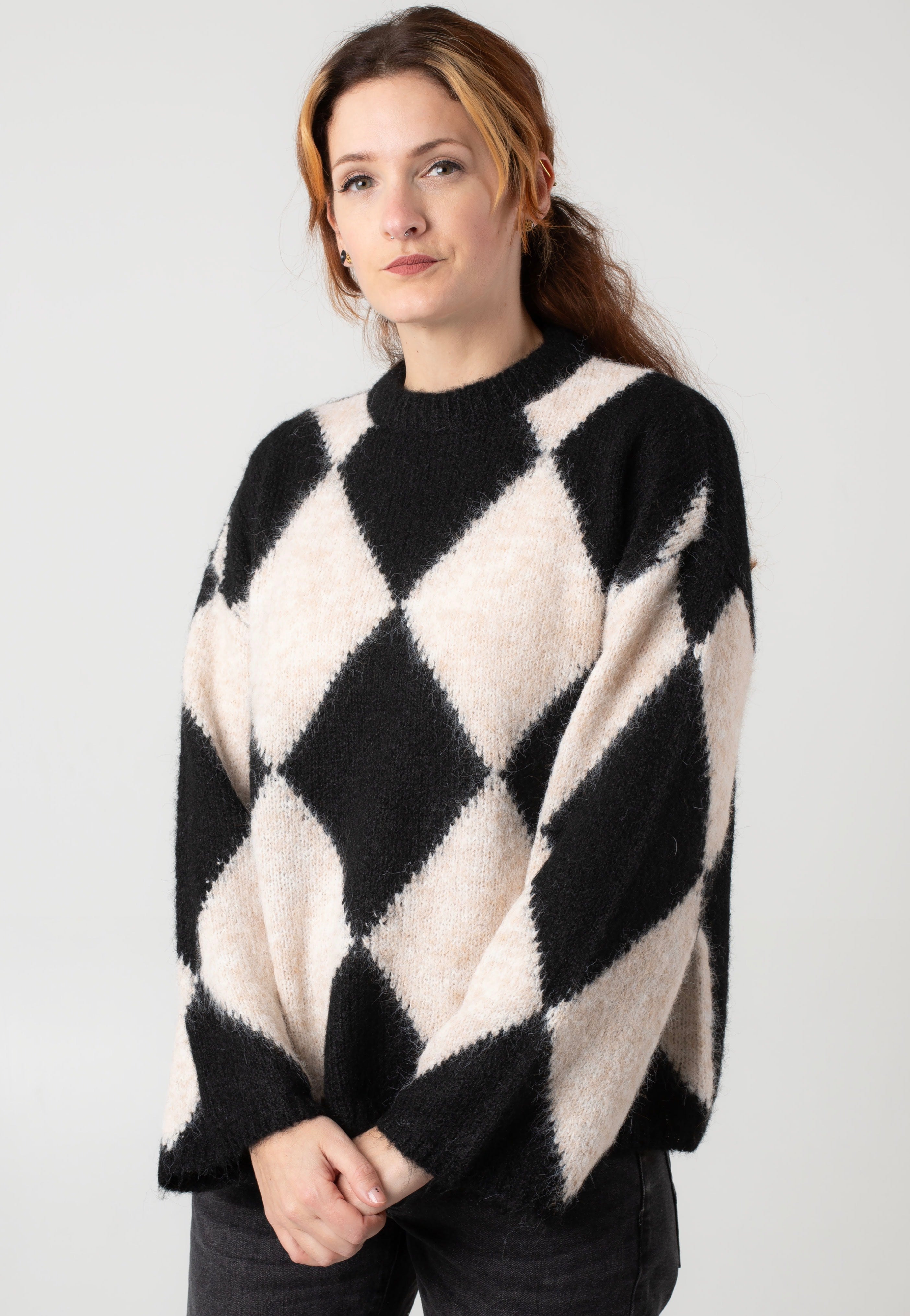 Noisy May - Sutton Argyle Oversize Obsidian Birch Argyle - Pullover | Women-Image