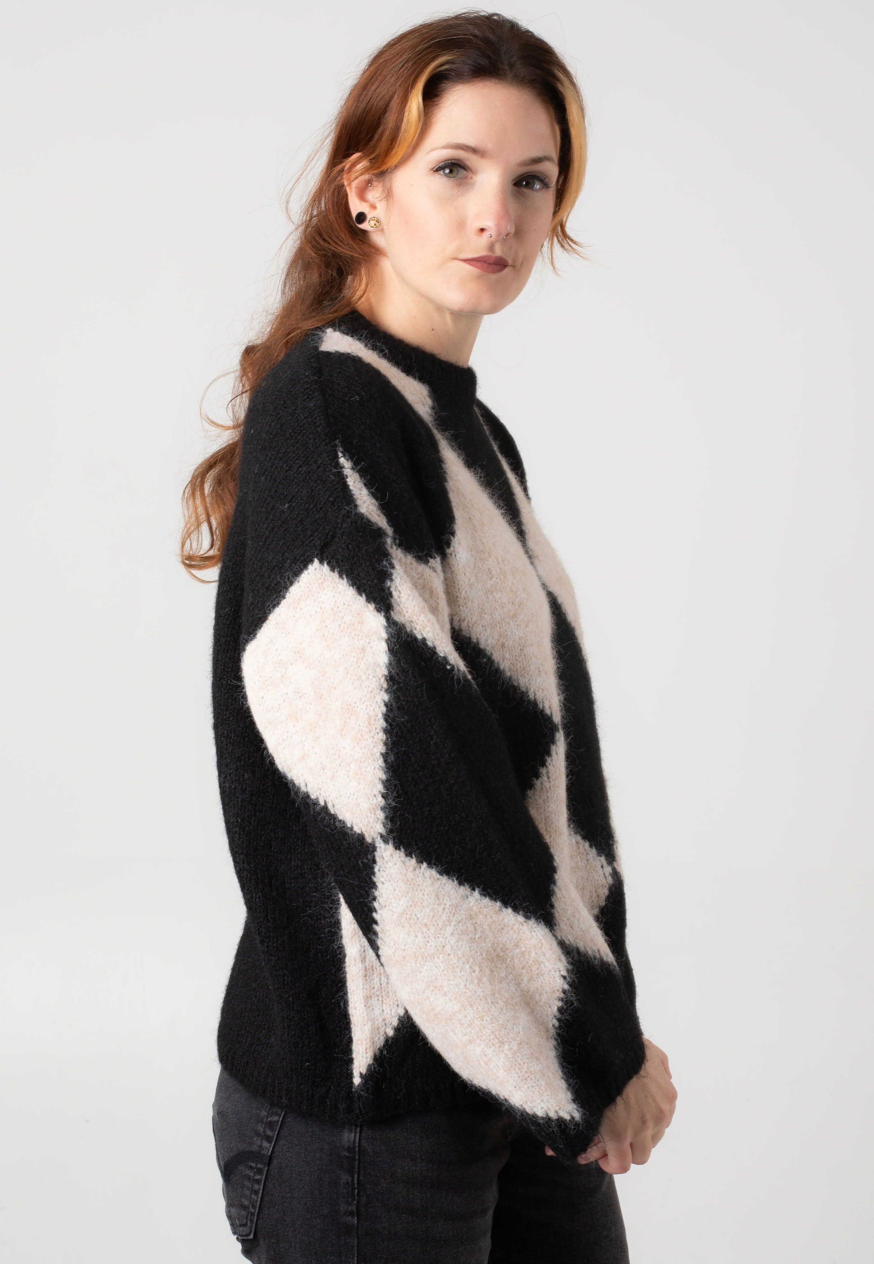 Noisy May - Sutton Argyle Oversize Obsidian Birch Argyle - Pullover | Women-Image