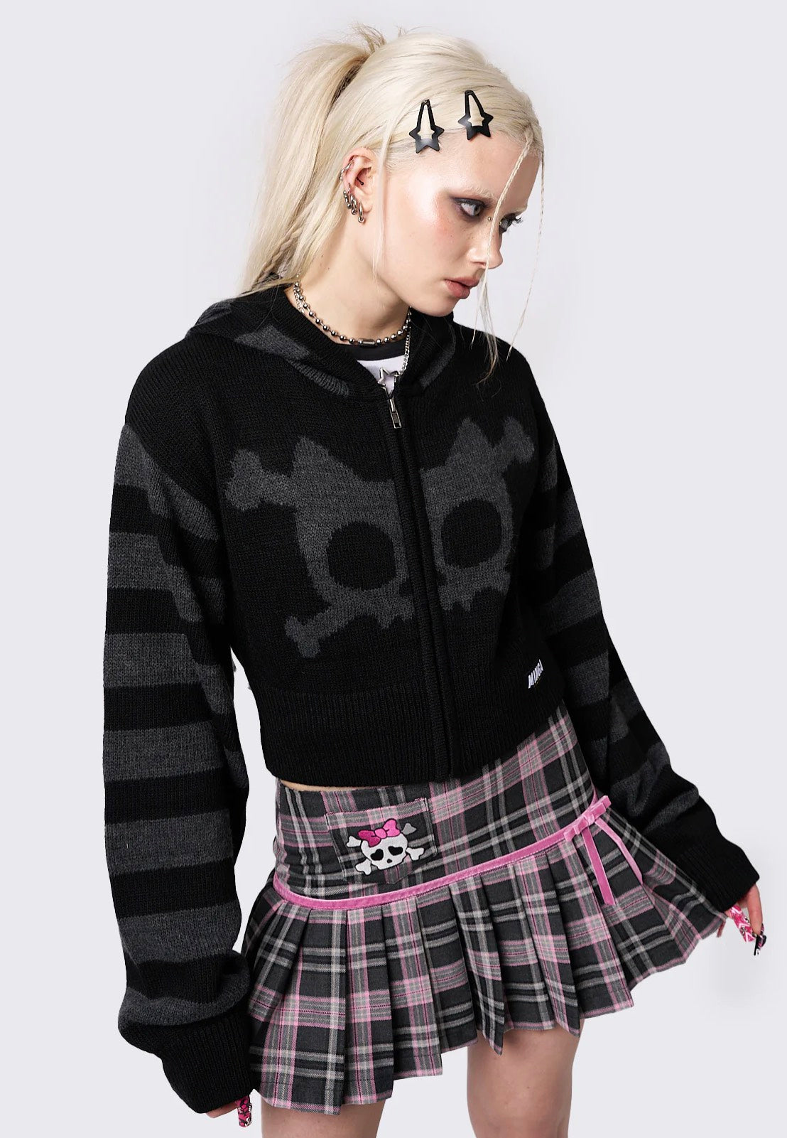 Minga London - Whiskered Skull Cropped Knit Black - Zipper | Women-Image